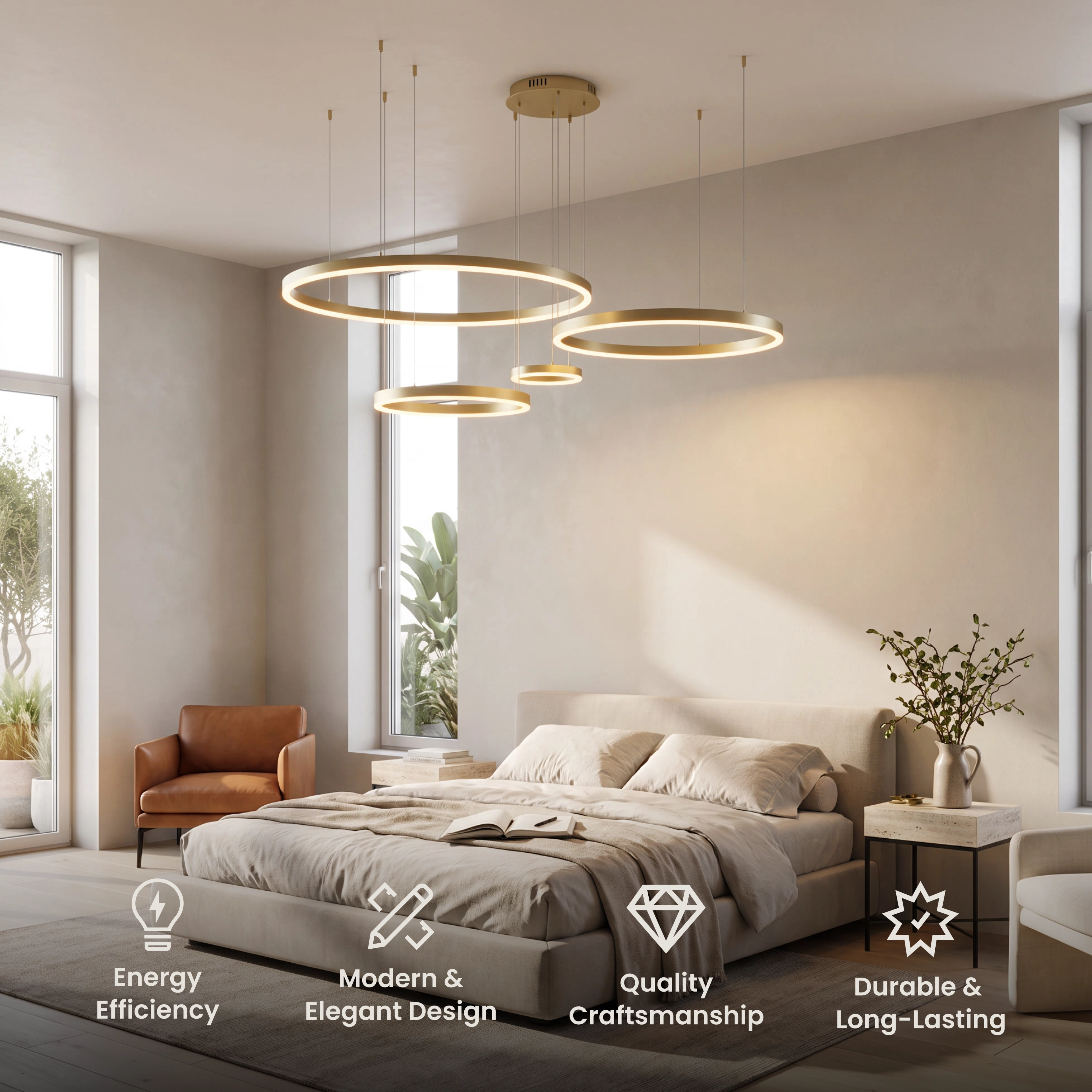 Charlotte Smart gold tiered ring chandelier in a bedroom, with feature icons