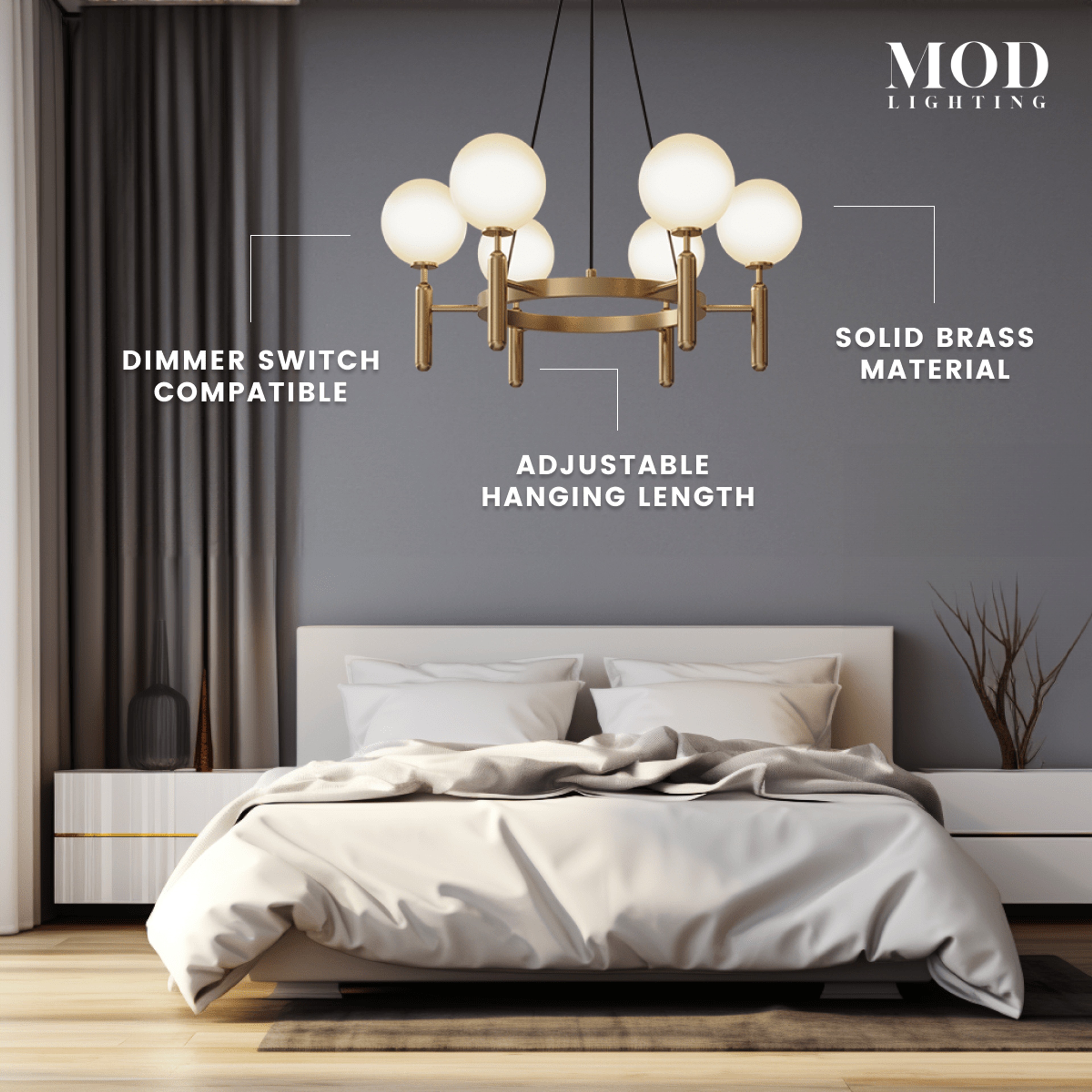 Angelica brass chandelier with six white opal globes on a tiered frame above a bedroom bed