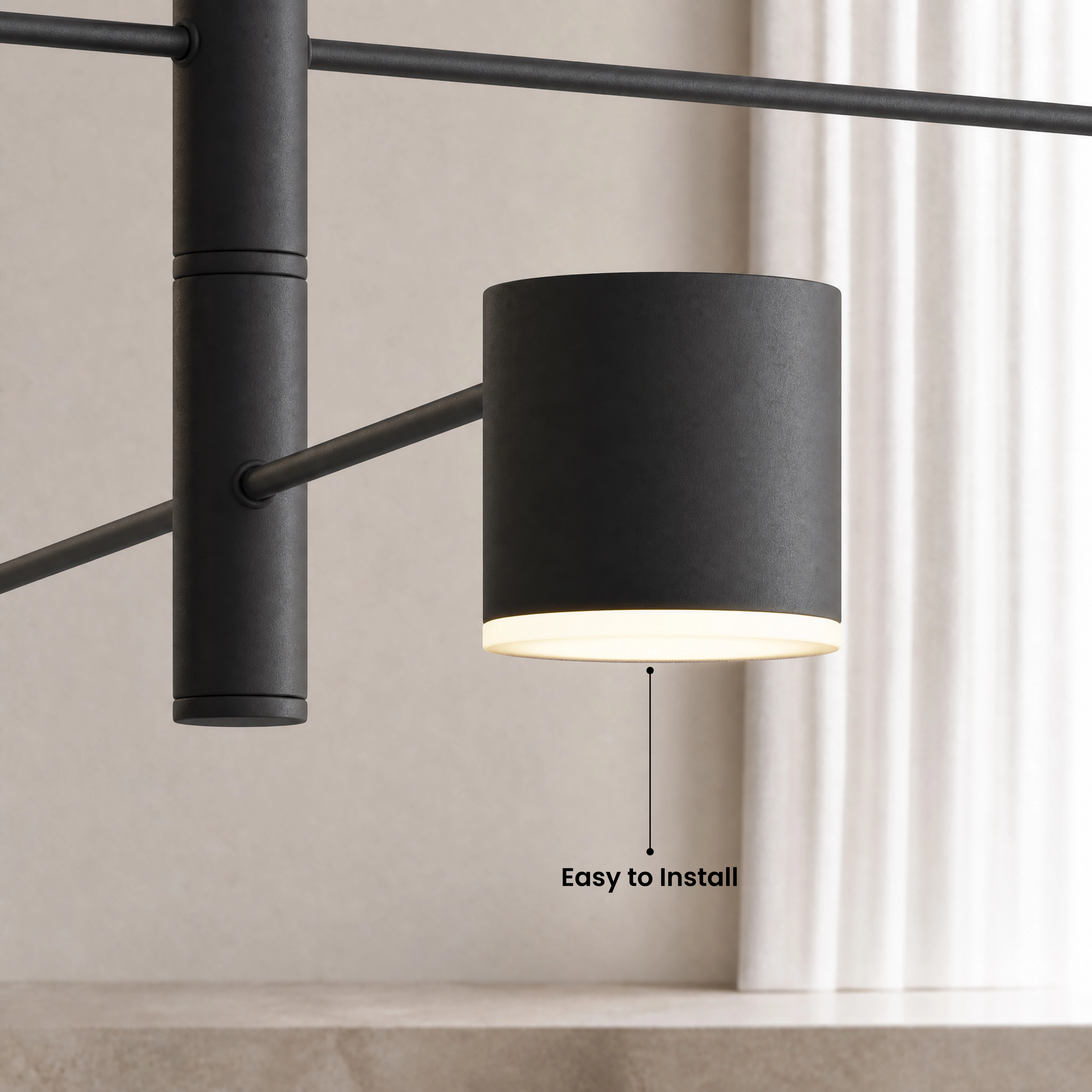 Lynx chandelier in black finish with warm white disc lights, staggered arms in a room with wood shelving