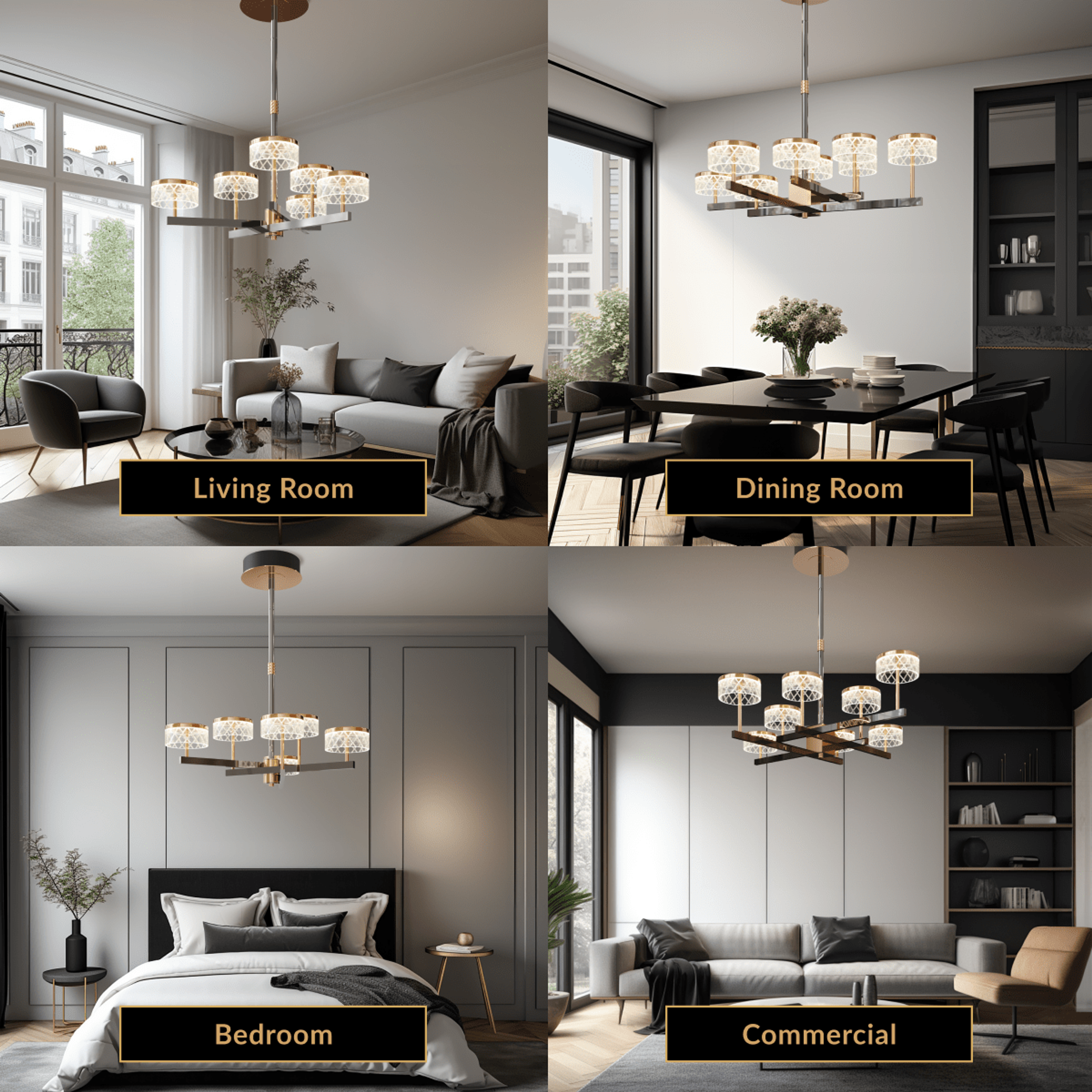 Emma Chandelier shown in living room, dining room, bedroom and commercial settings
