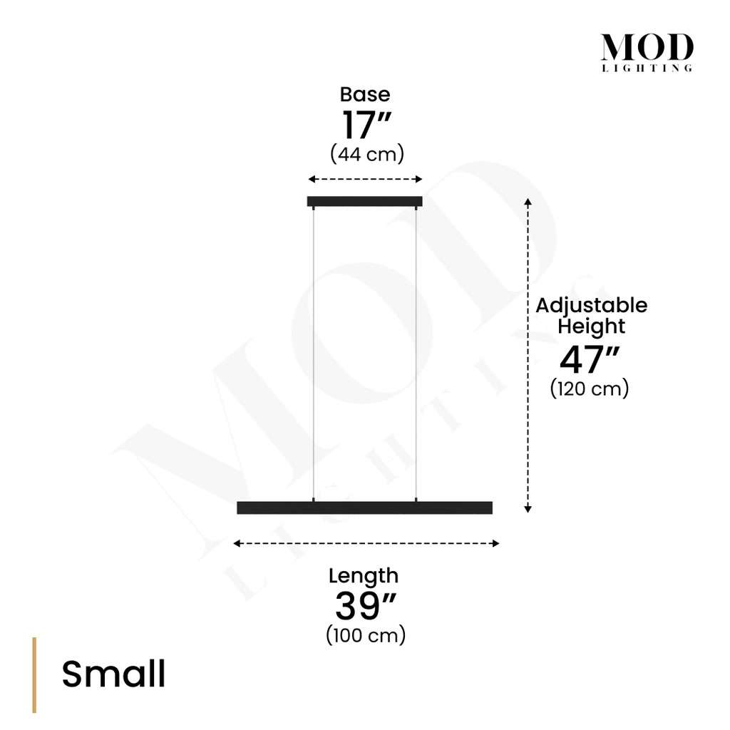 Luka linear bar pendant dimension diagram, small: 39in length, 17in base, 47in adjustable height