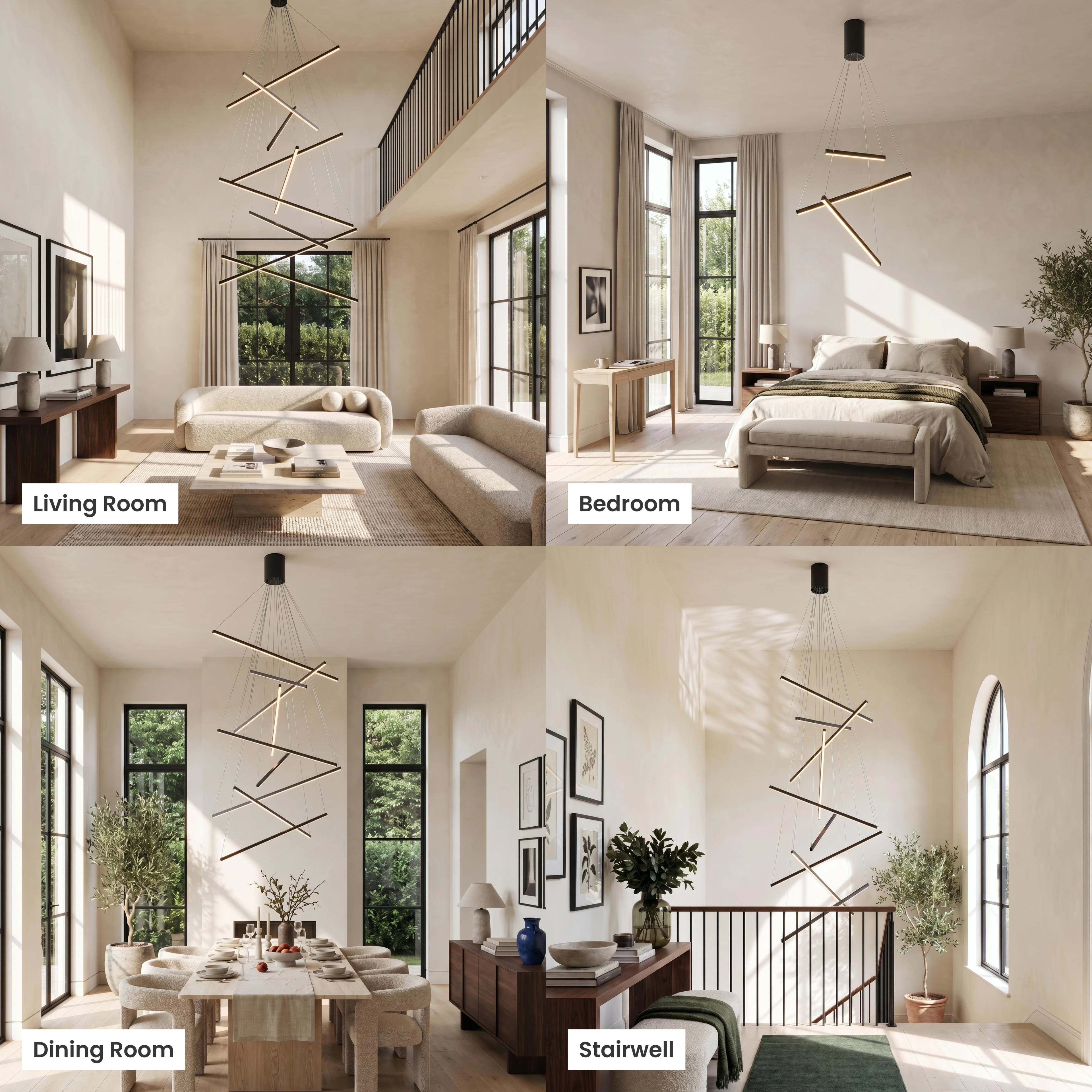 Finn four settings: black linear-bar staircase chandelier in living room, dining, hallway and commercial