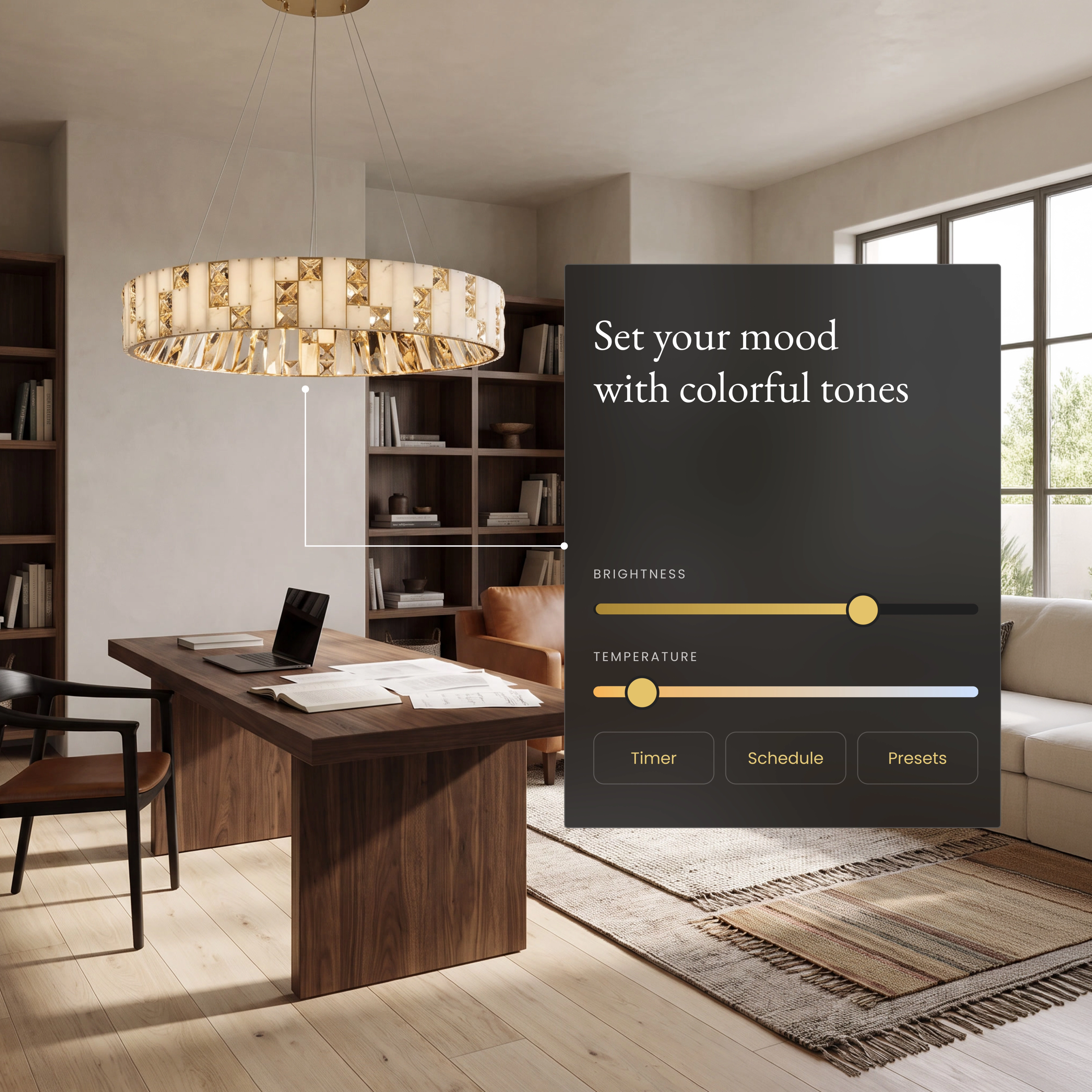 Seraphine Smart ring chandelier in a home office beside an app panel for brightness and color temperature