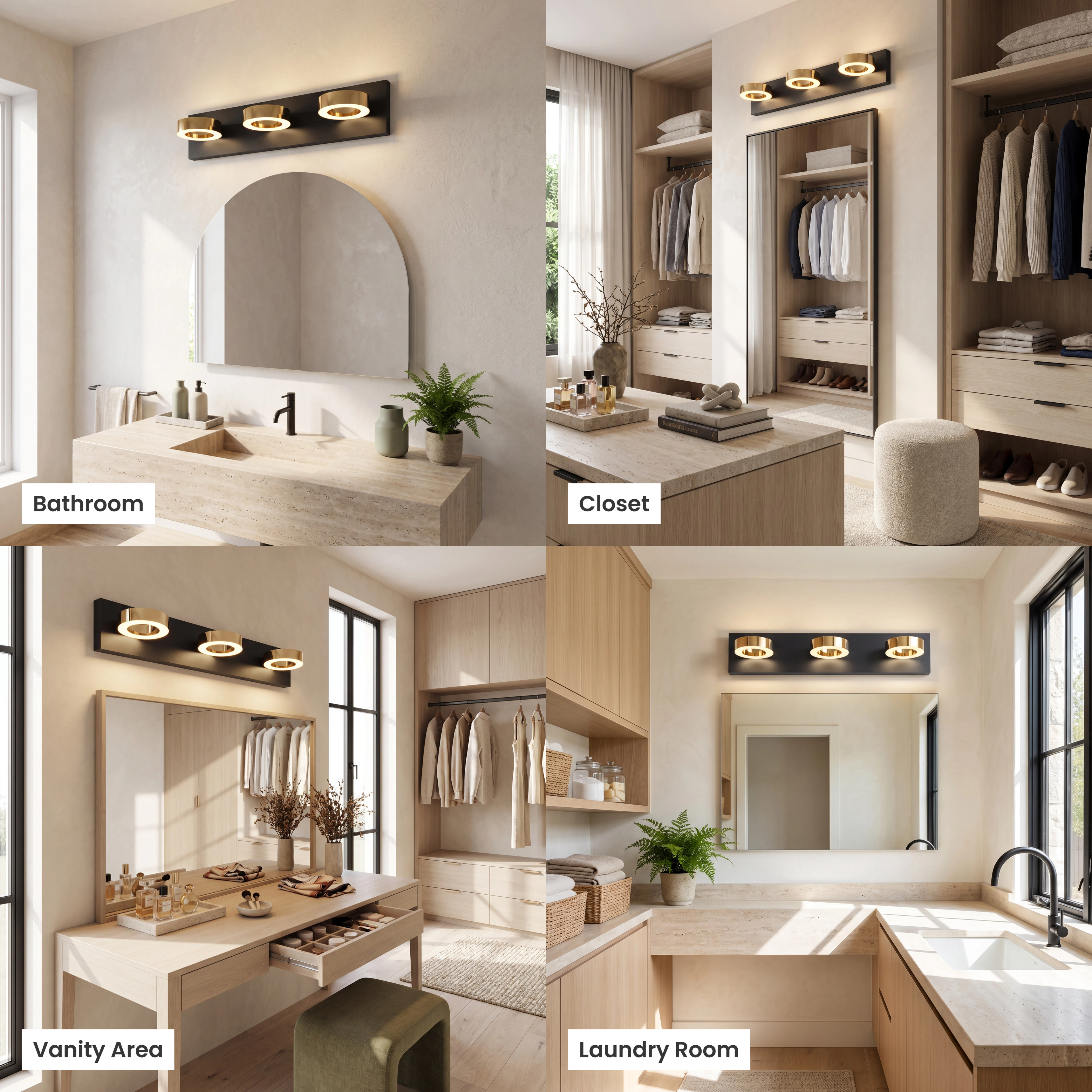 Aurora black bathroom light with three circular gold-ringed lights, shown in vanity, laundry, bathroom and powder room