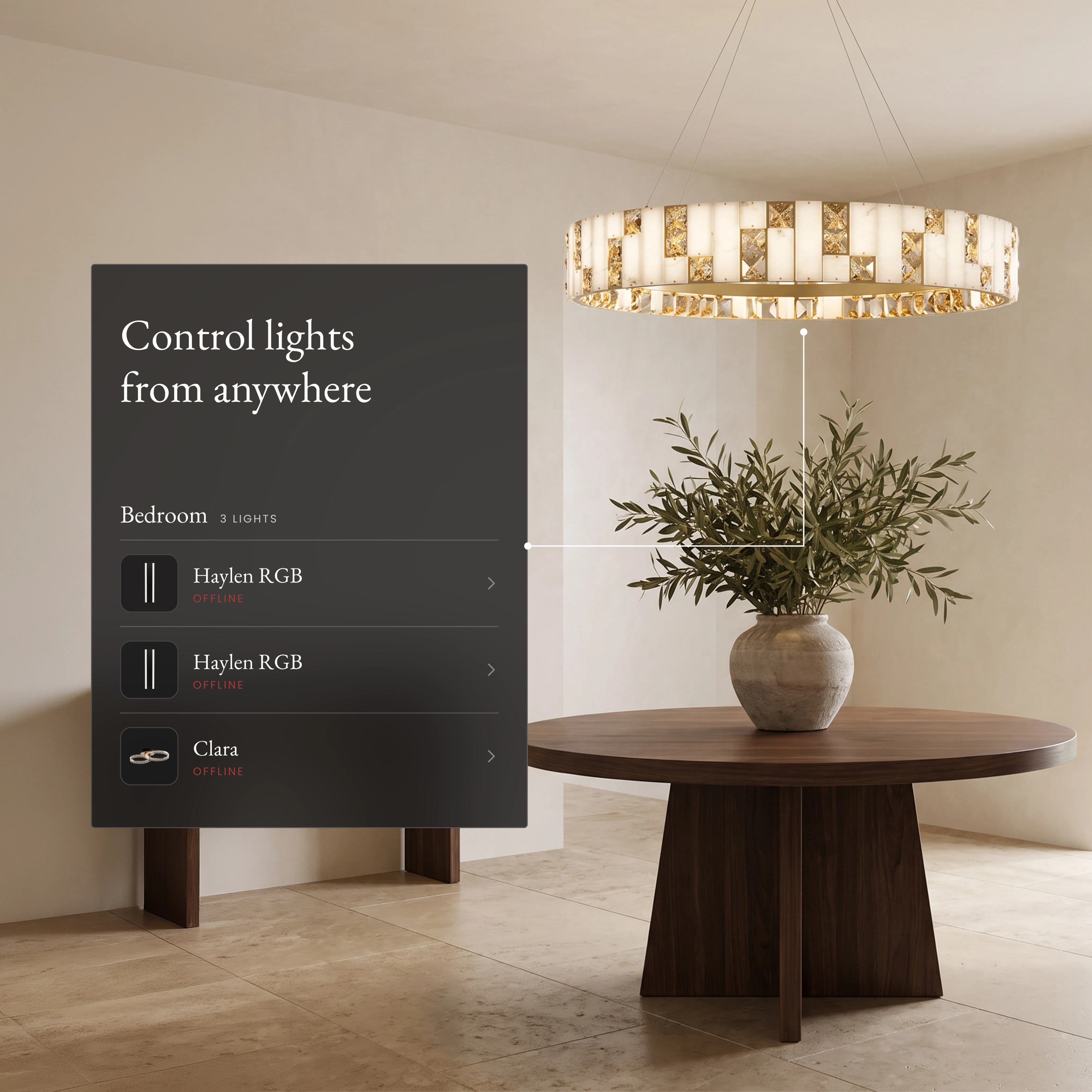 Seraphine Smart ring chandelier over a round dining table beside an app panel controlling lights from anywhere