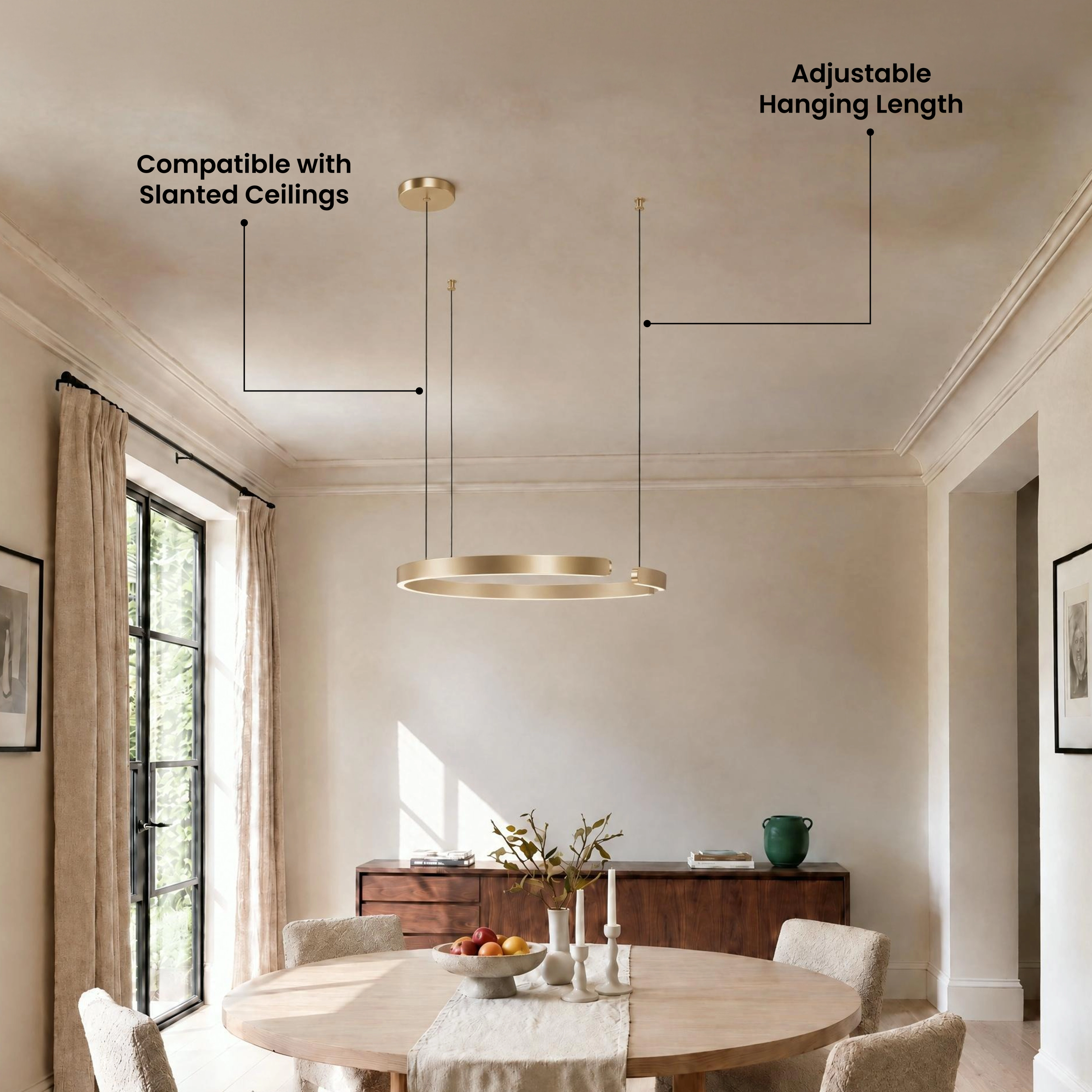 Ring chandelier in gold, circular band pendant over a round dining table in a neutral room