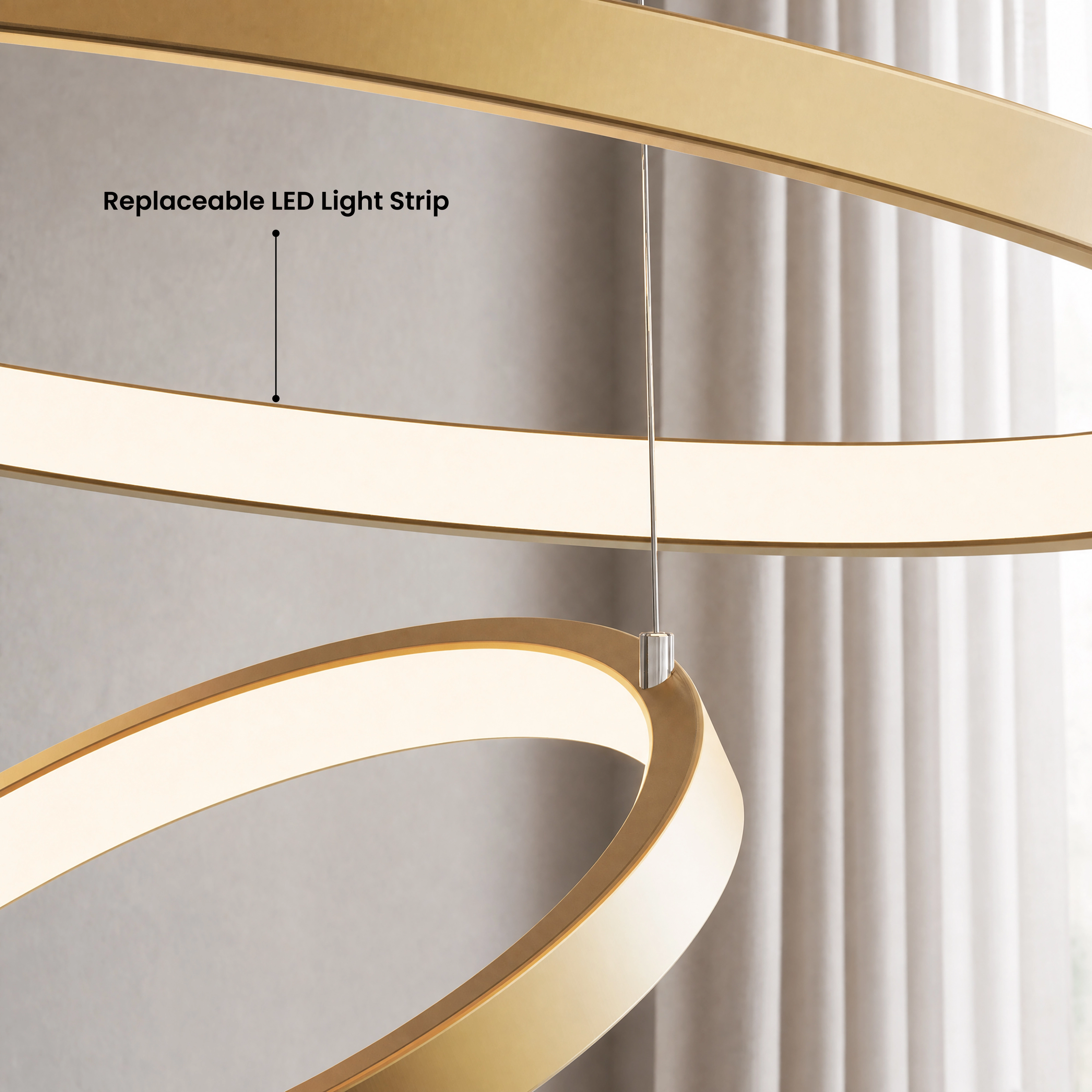Janet Smart gold LED ring close-up, labeled replaceable LED light strip
