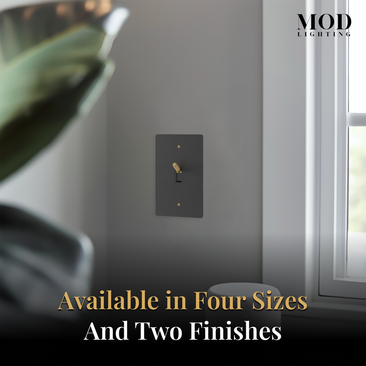 Modern Toggle Switch matte-black single-gang plate with brass lever, noted in four sizes and two finishes