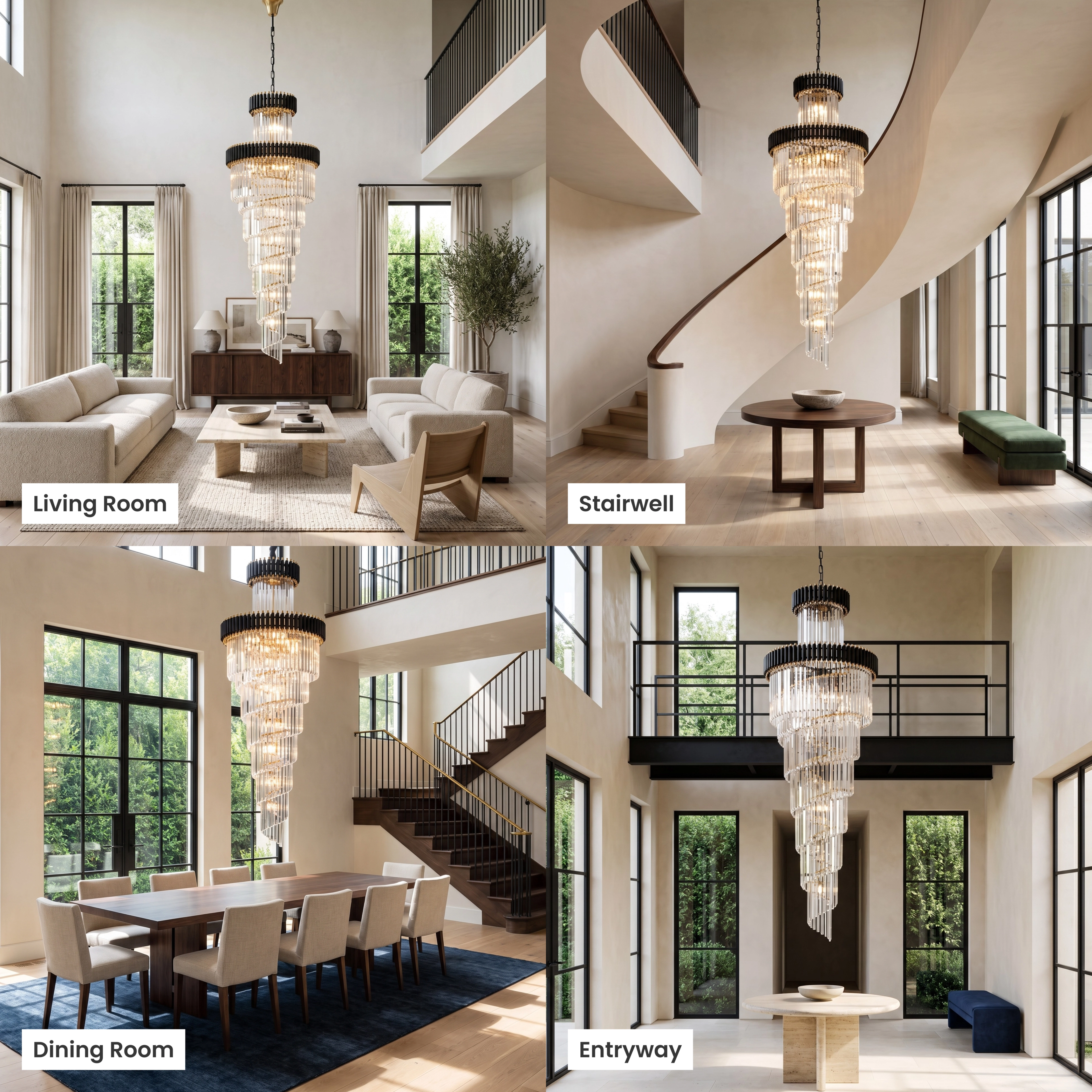 Onyx tall spiral crystal chandelier shown in living room, staircase, foyer and commercial settings
