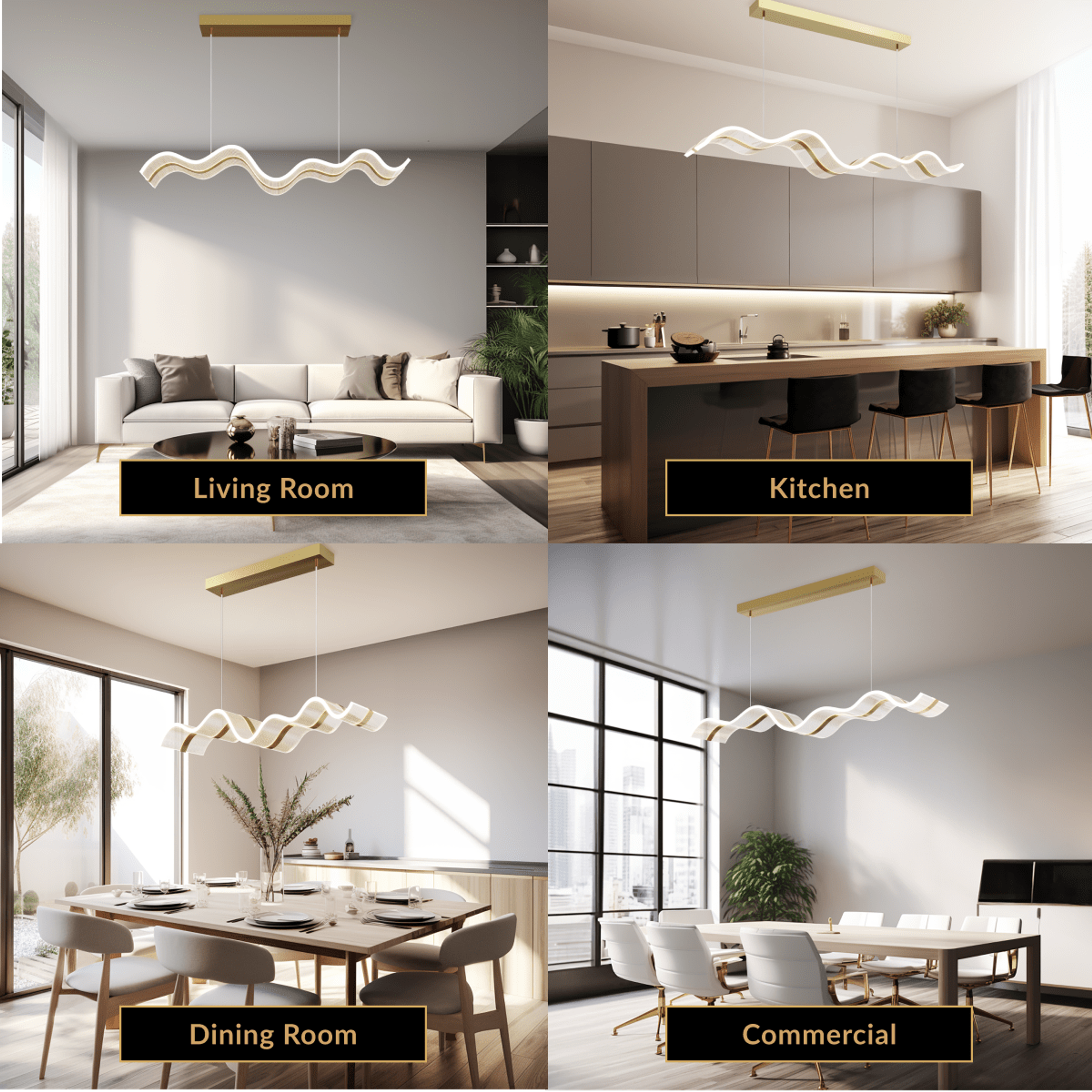 Ribbon gold and frosted wave-form LED pendant shown over living room, kitchen, dining and commercial tables
