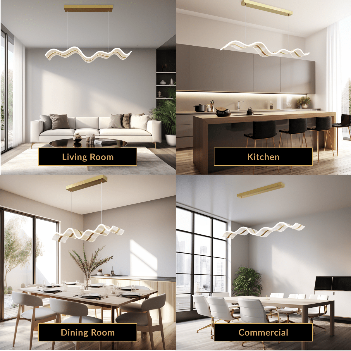 Ribbon gold and frosted wave-form LED pendant shown over living room, kitchen, dining and commercial tables