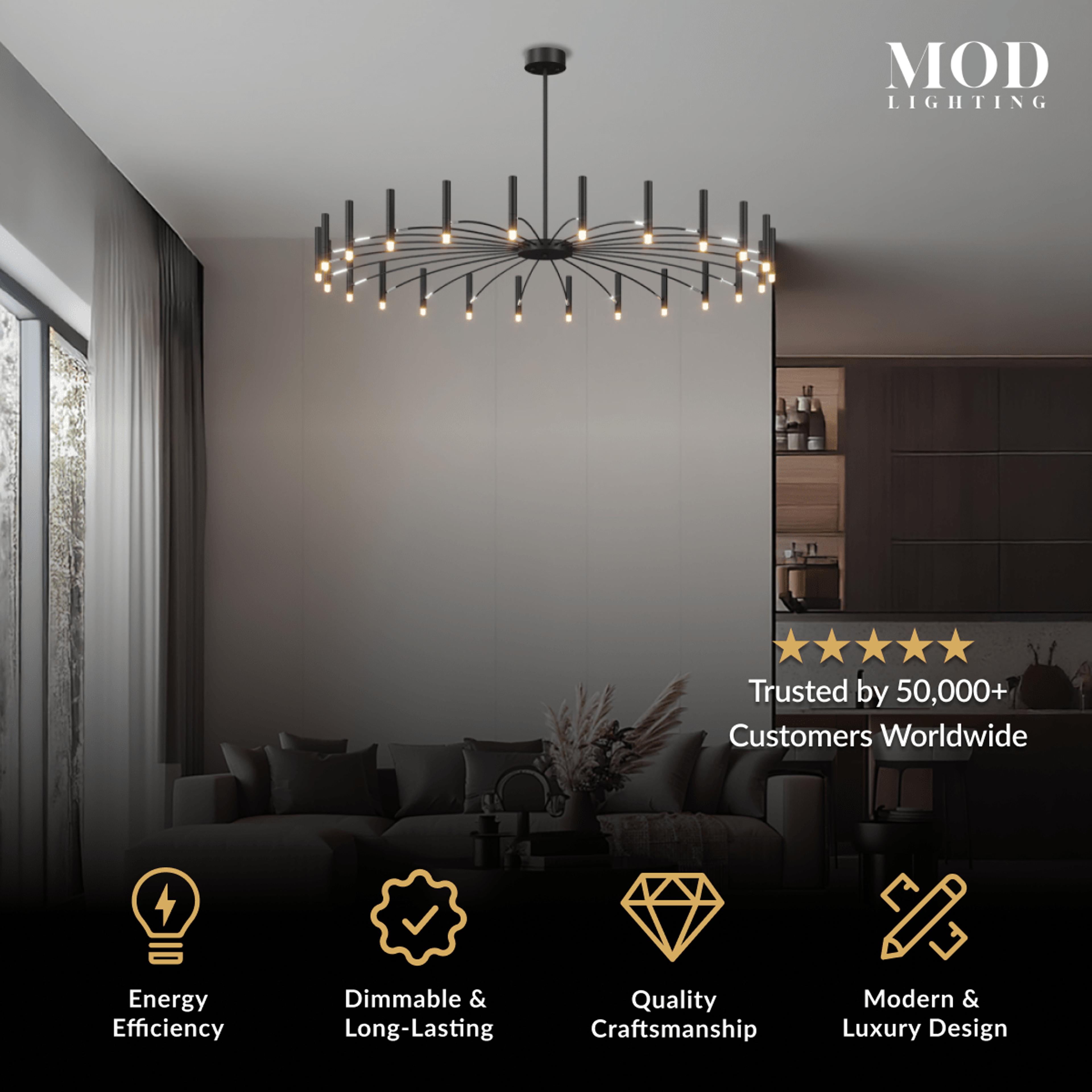 Kendall black circular chandelier with a ring of exposed candle-style bulbs on radial spokes
