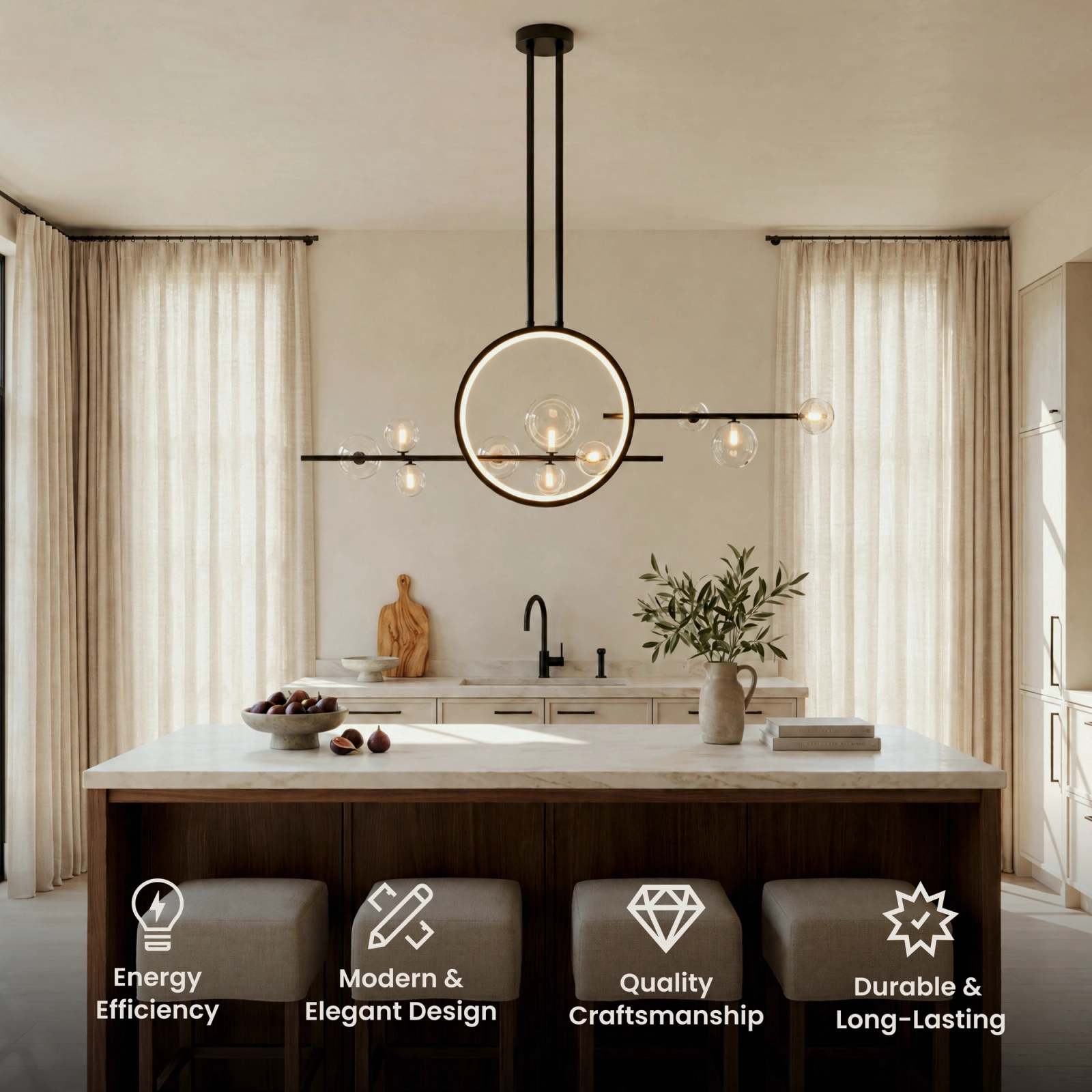 Hailey black Nordic chandelier, brass rings w clear glass globe bulbs