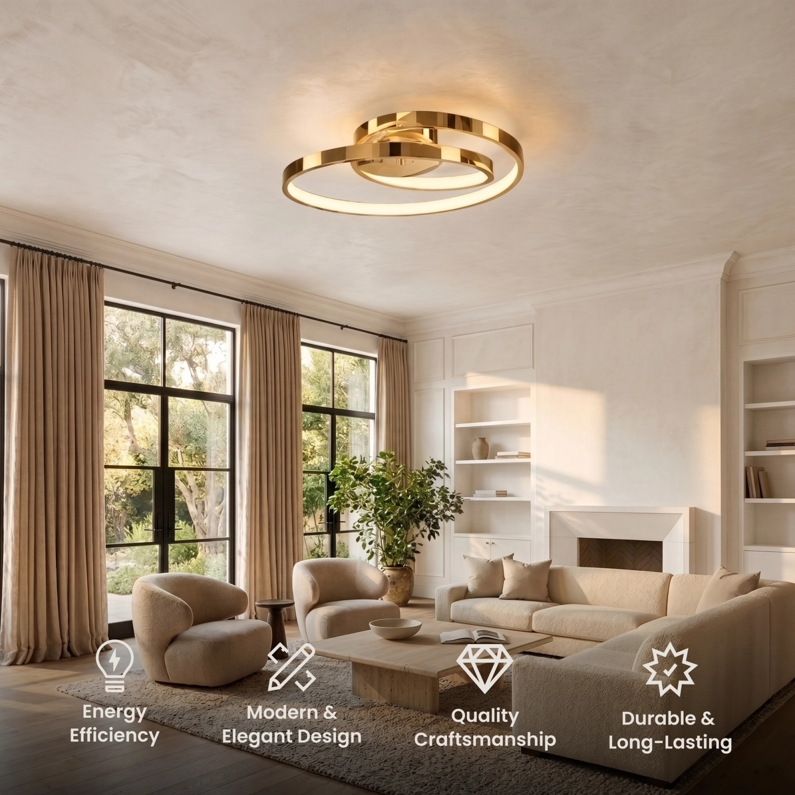 Elise ceiling light, spiraling gold ring flush mount with integrated LED strip on a ceiling
