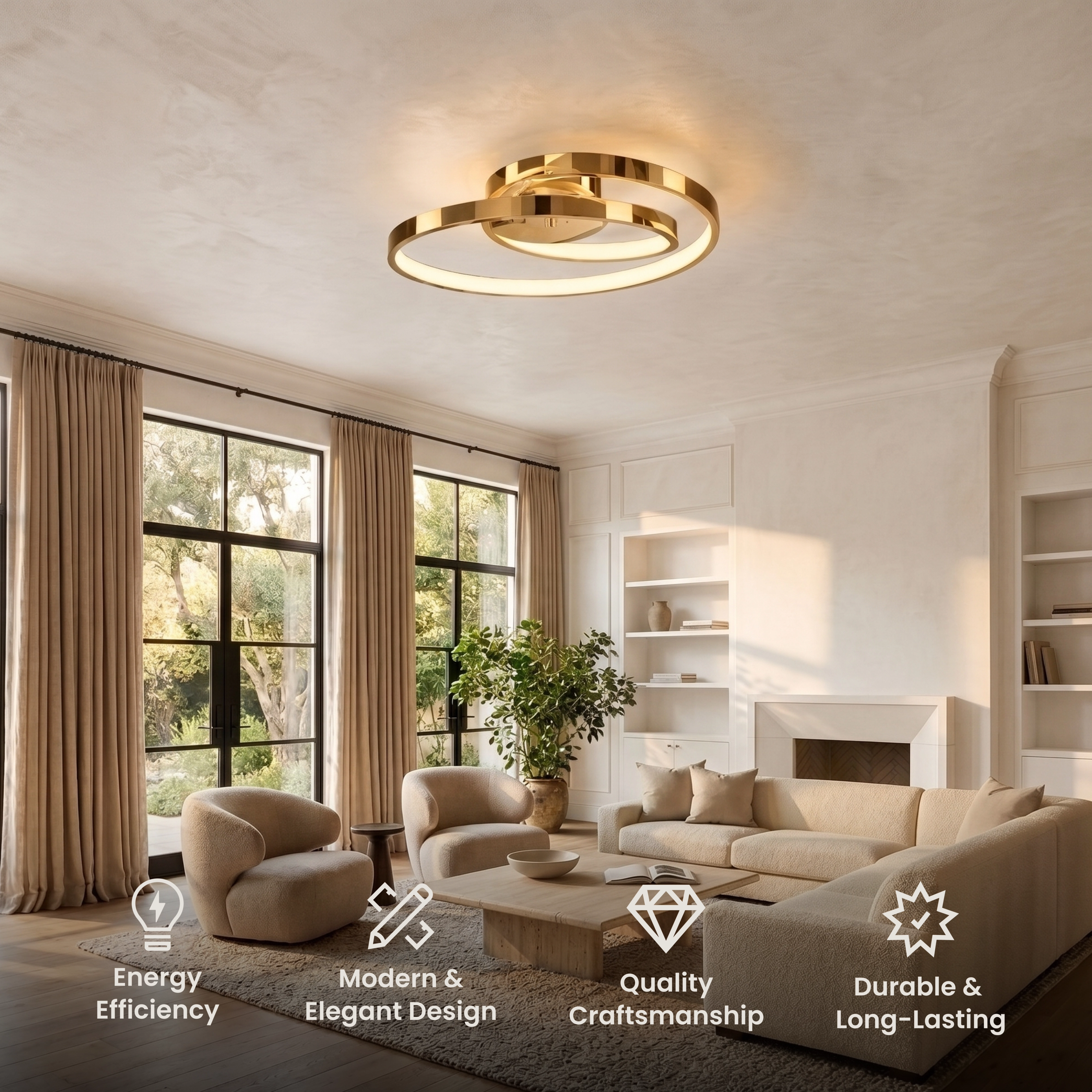 Elise ceiling light, spiraling gold ring flush mount with integrated LED strip on a ceiling