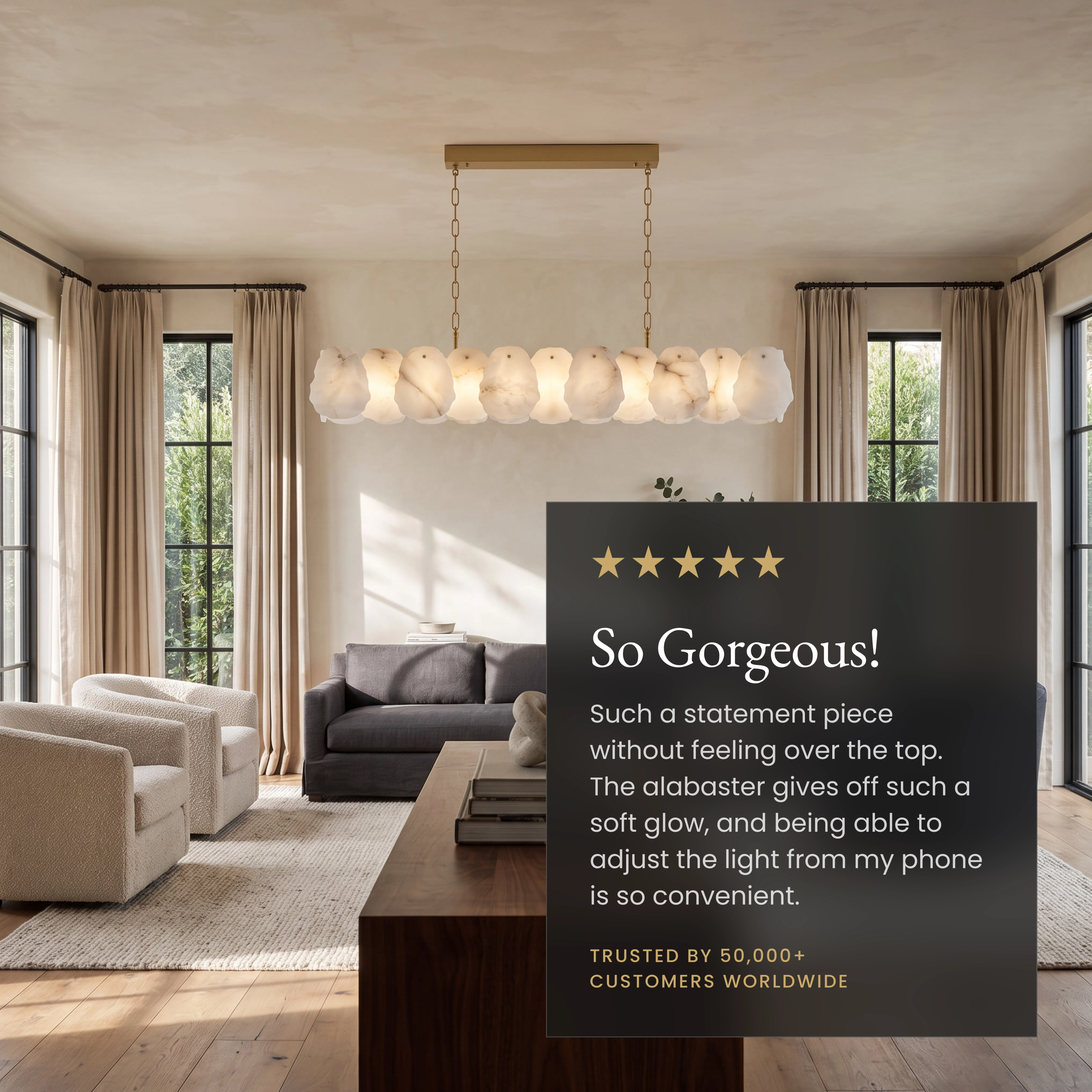 Alba Pendant Smart linear alabaster pendant in a living room beside a five-star customer review