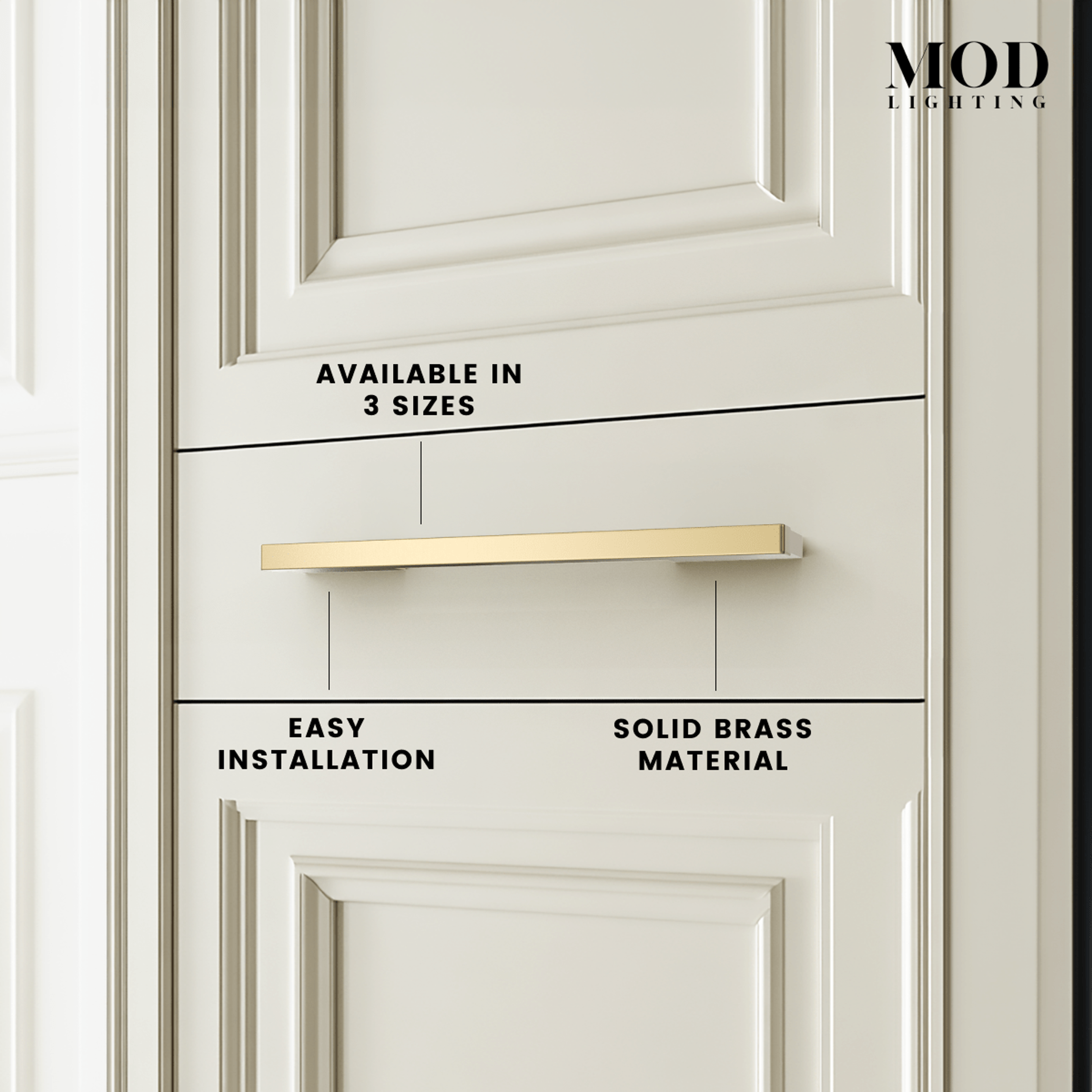 Maddison brushed-gold stepped cabinet pull on cream drawer, labeled solid brass, available in 3 sizes, easy installation