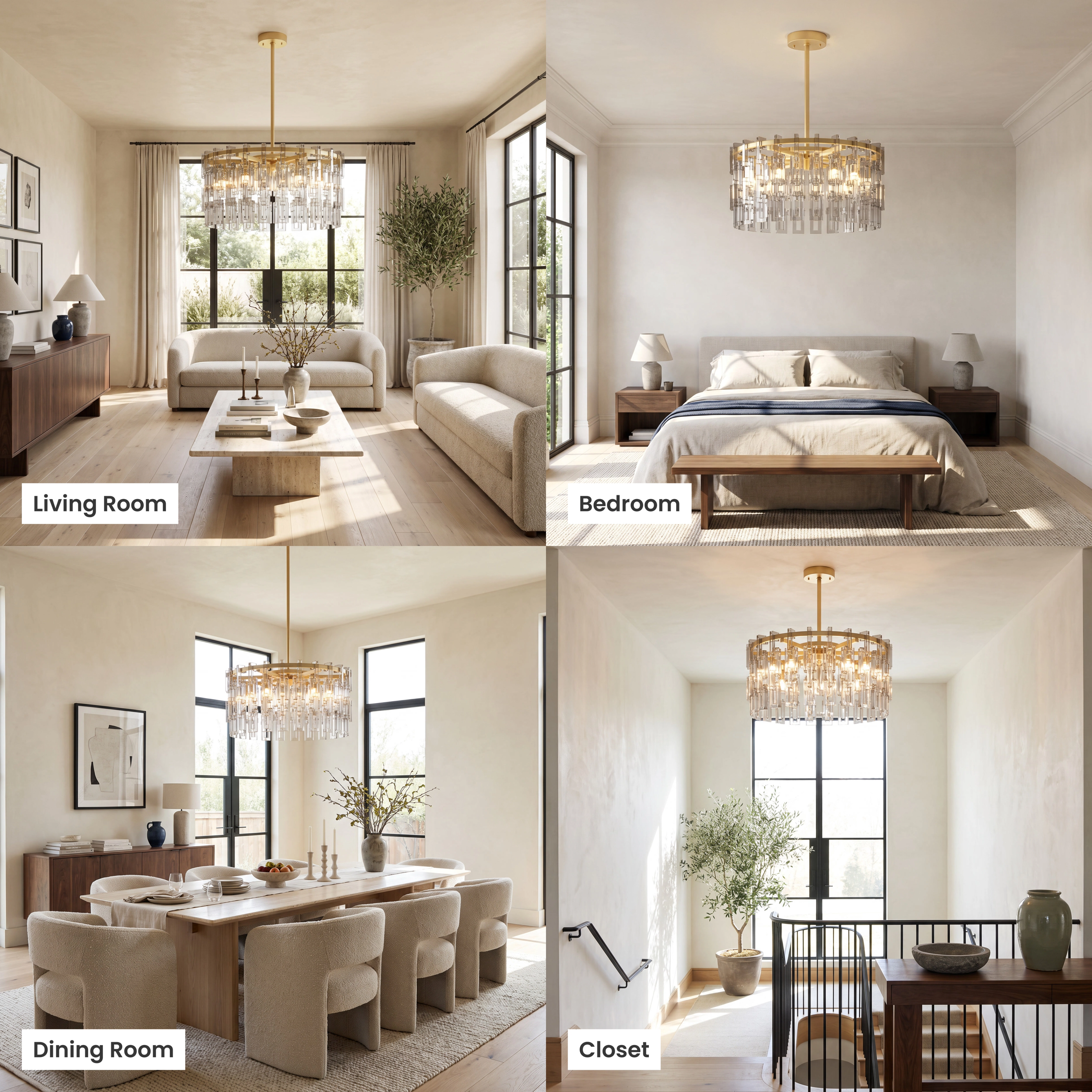 Radiance brushed-gold drum chandelier with layered clear crystal rods, in living, dining, bedroom and commercial spaces