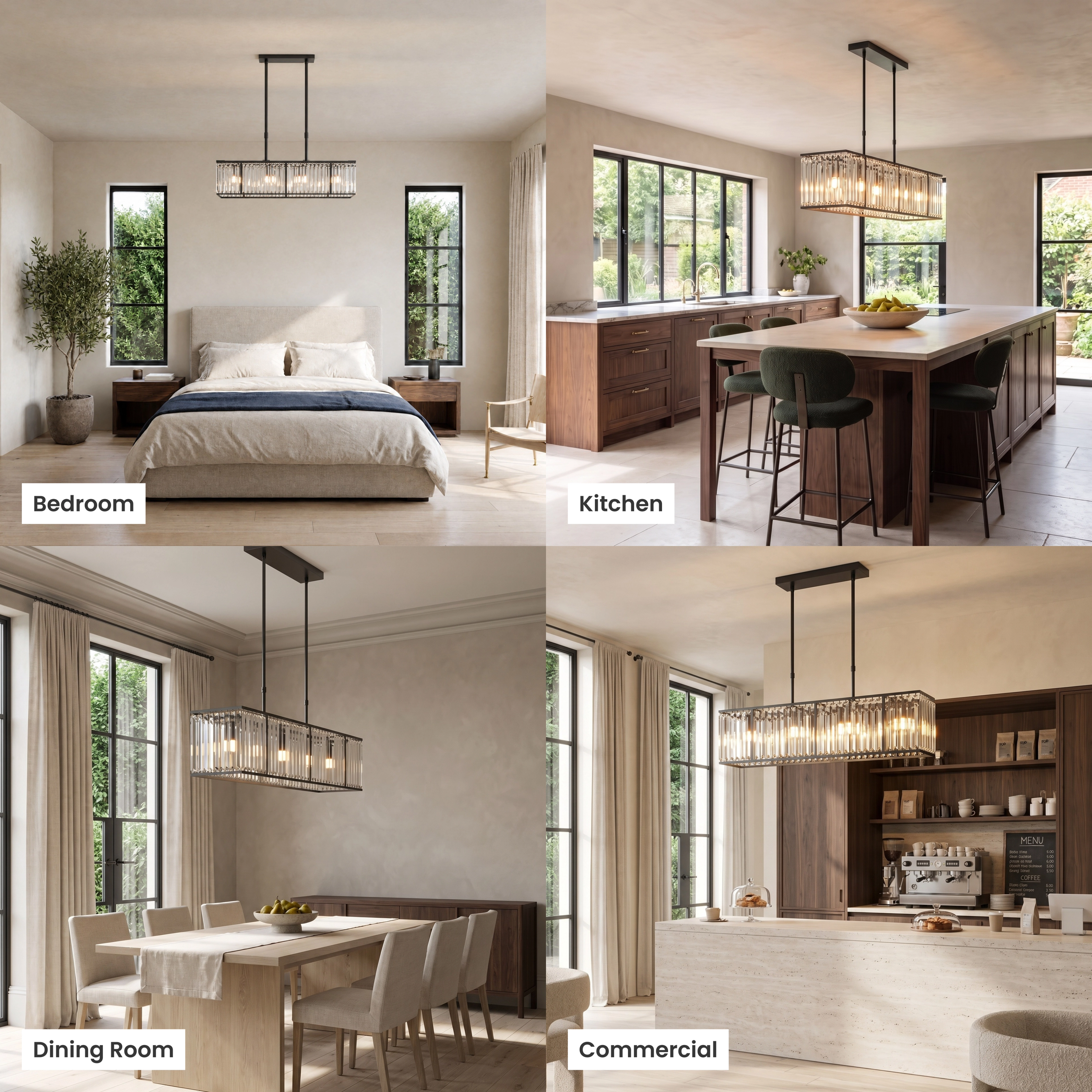 Gabriella crystal-bar chandelier shown in four settings: living room, kitchen, dining room and commercial