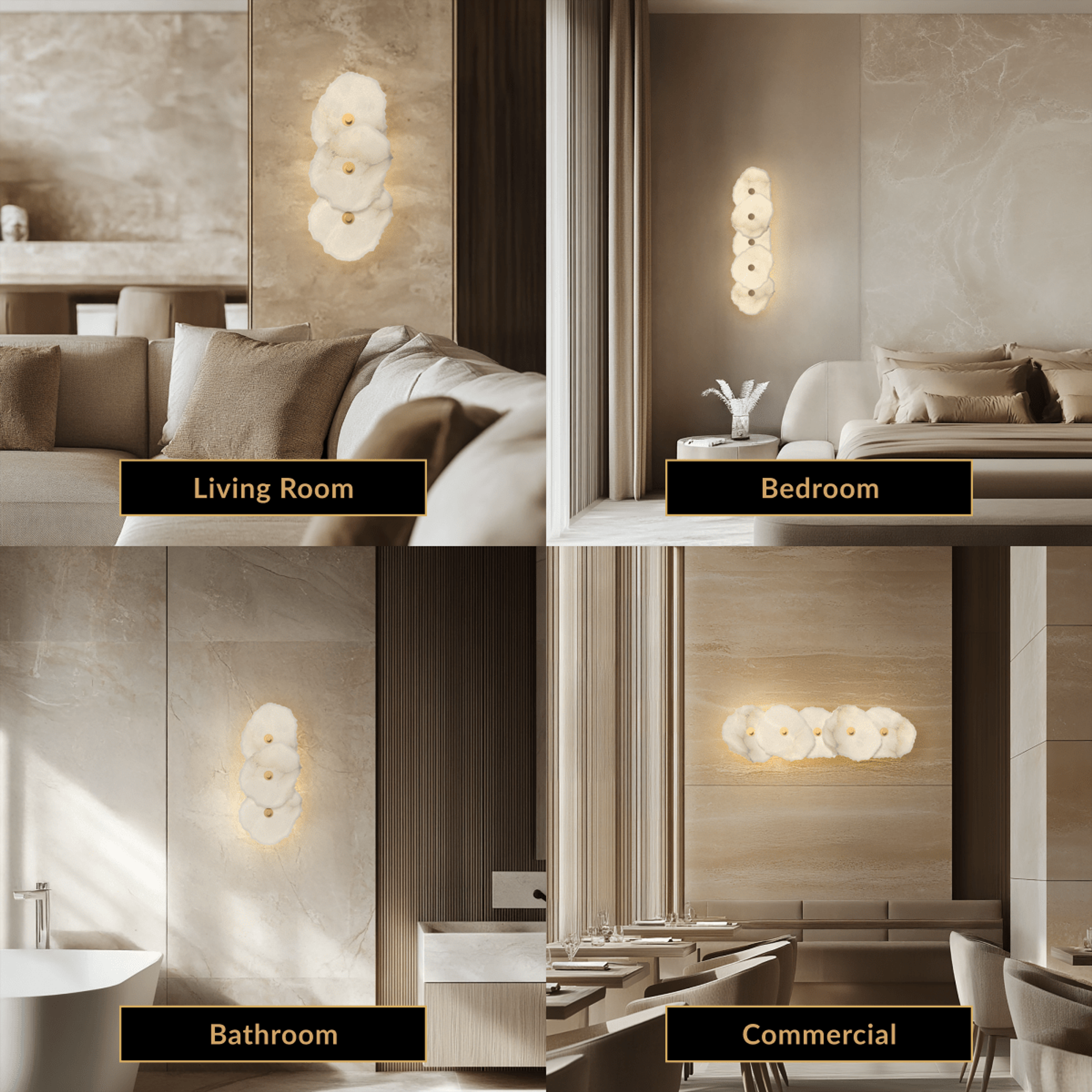 Alba Sconce, three alabaster-petal discs on gold, shown in a living room, bedroom, bathroom and commercial space