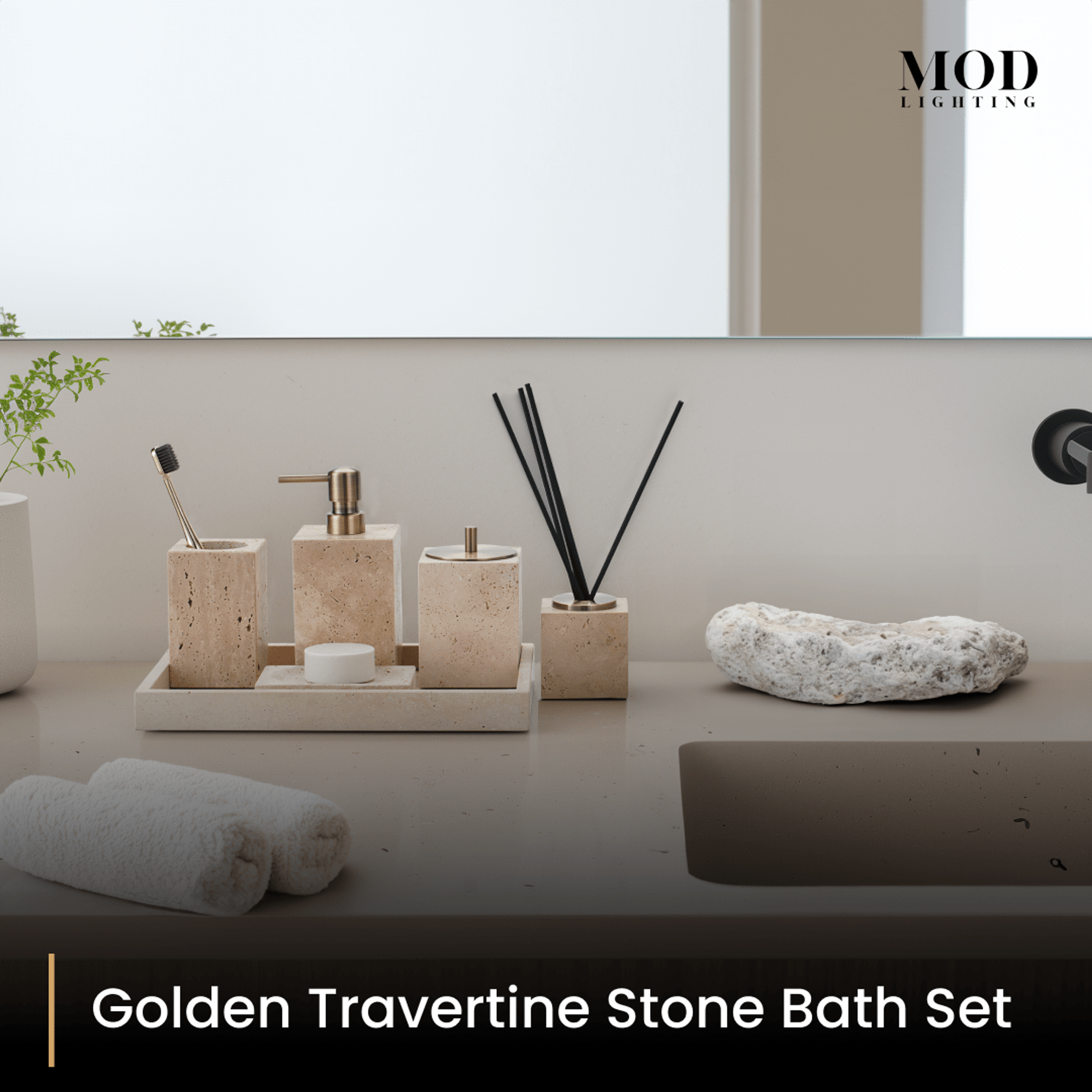 Golden Travertine Stone Bath Set arranged on a tray beside towels on a low bathroom ledge