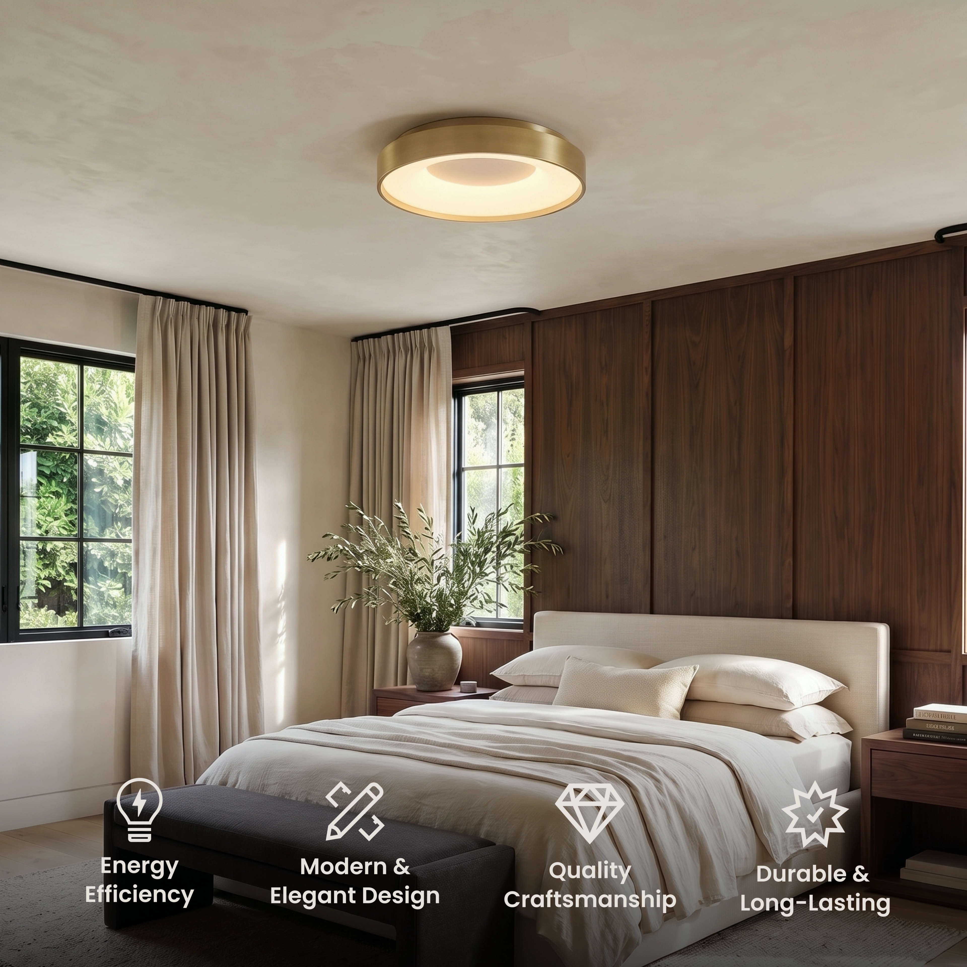 Bryce Smart brushed gold round flush mount ceiling light in a bedroom, with feature icons