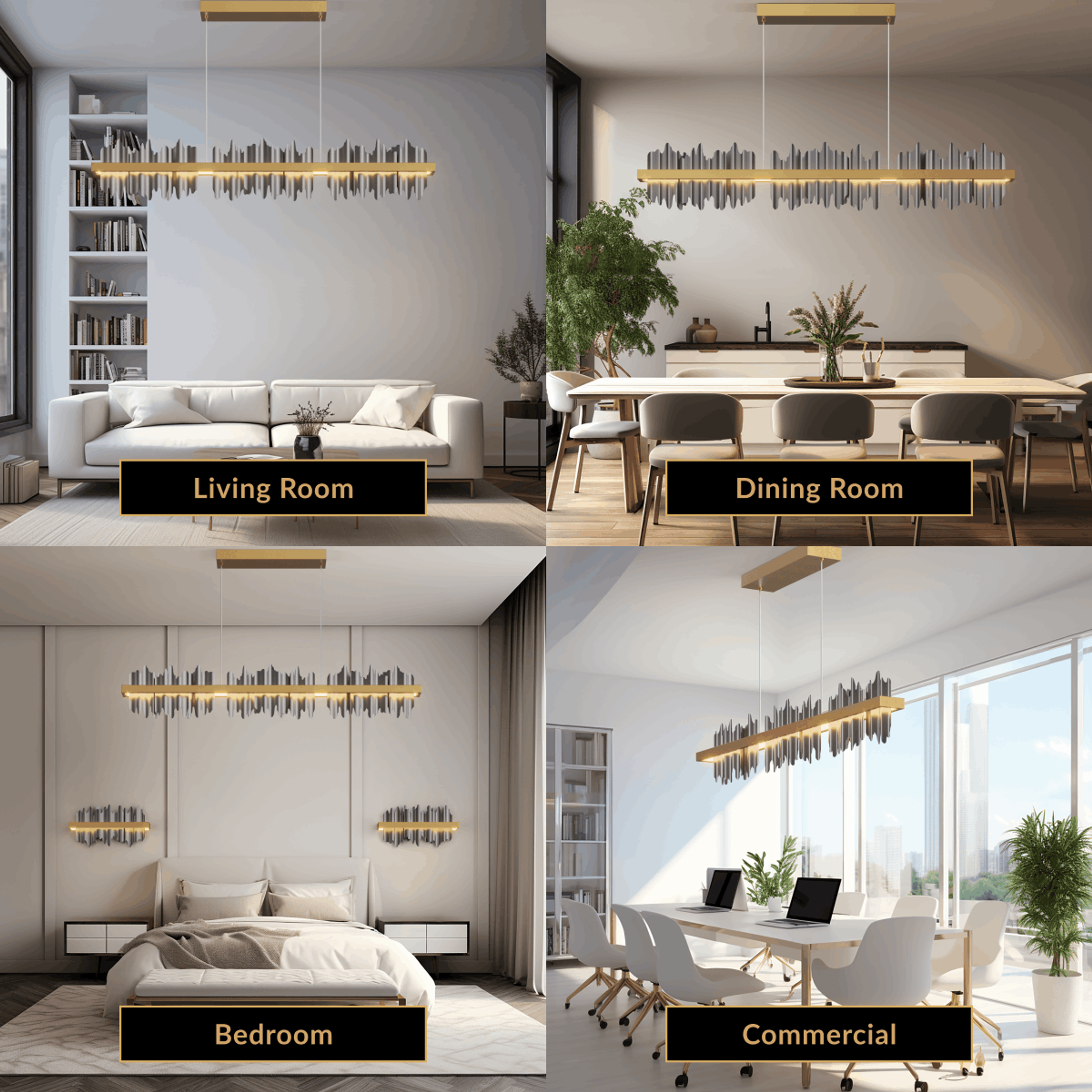 Aurelius linear pendant, thin gold bar with vertical crystal fringe, shown in living, dining, bedroom and commercial settings