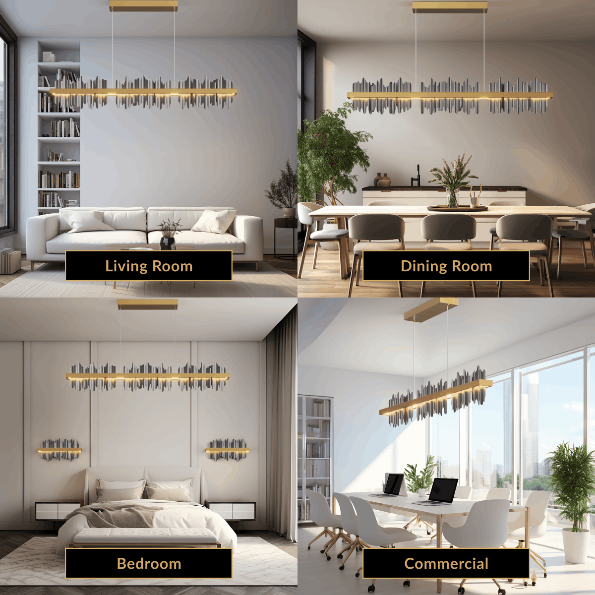 Aurelius linear pendant, thin gold bar with vertical crystal fringe, shown in living, dining, bedroom and commercial settings