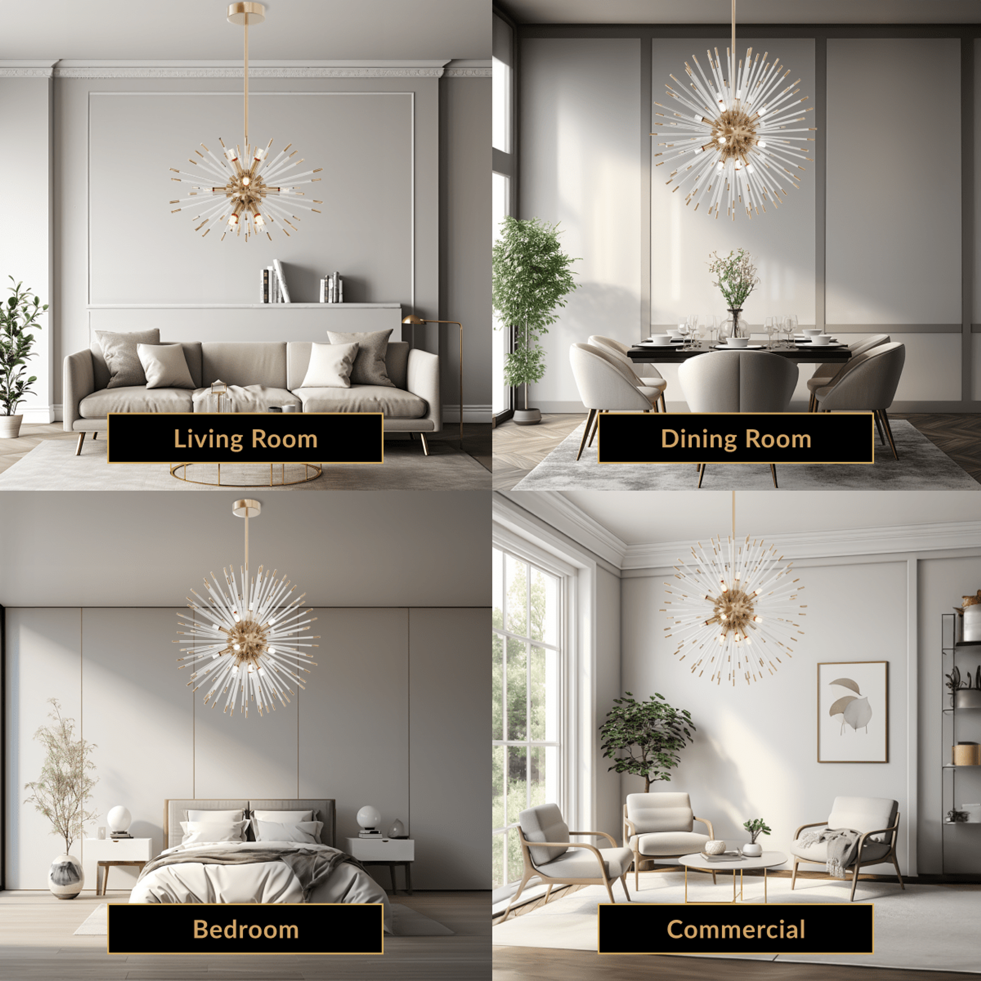 Pixie gold sputnik chandelier with glass-rod spokes shown in four settings: living, dining, bedroom, commercial