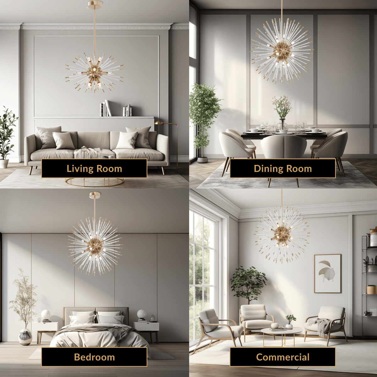 Pixie gold sputnik chandelier with glass-rod spokes shown in four settings: living, dining, bedroom, commercial