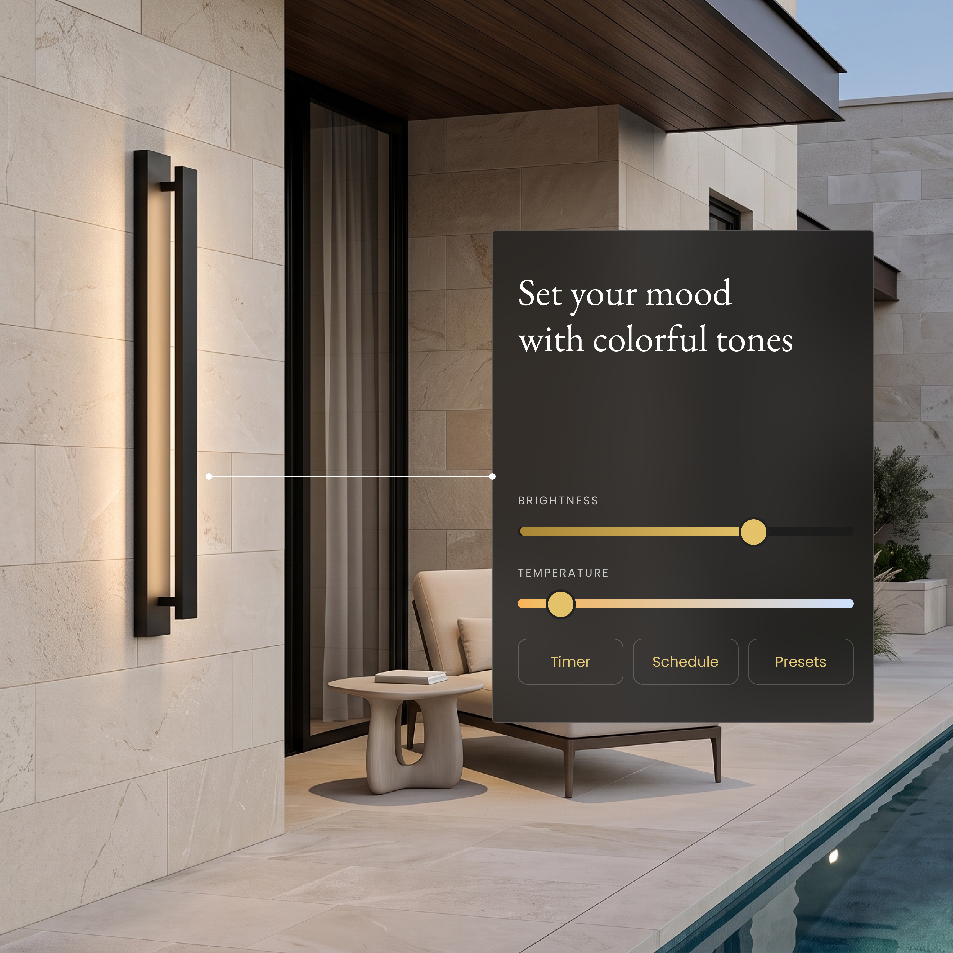 Vetra Smart black vertical LED sconce beside a pool with an app panel for brightness and color temperature