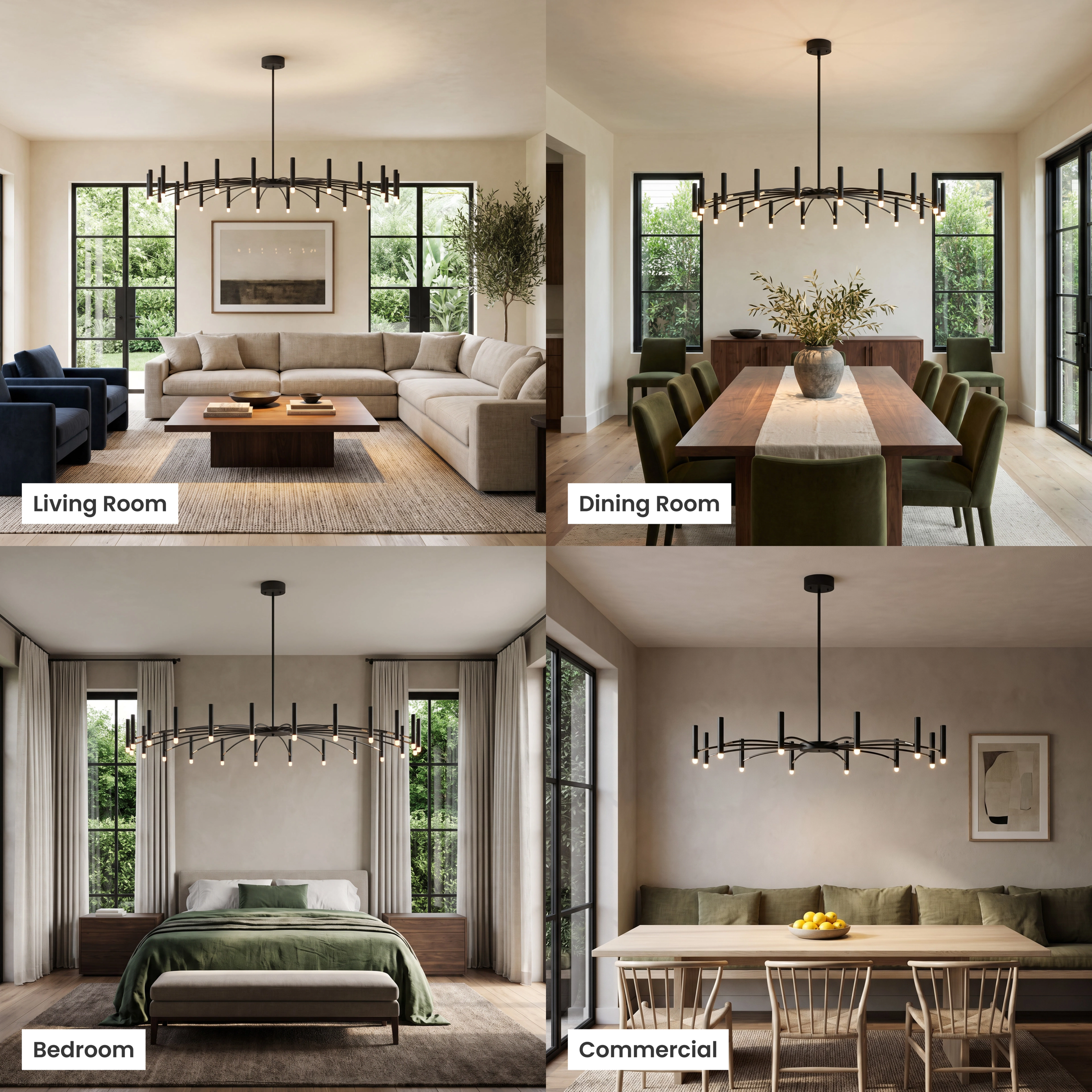 Kendall candle-style chandelier, wide black ring with upright candle lights over a living and dining space