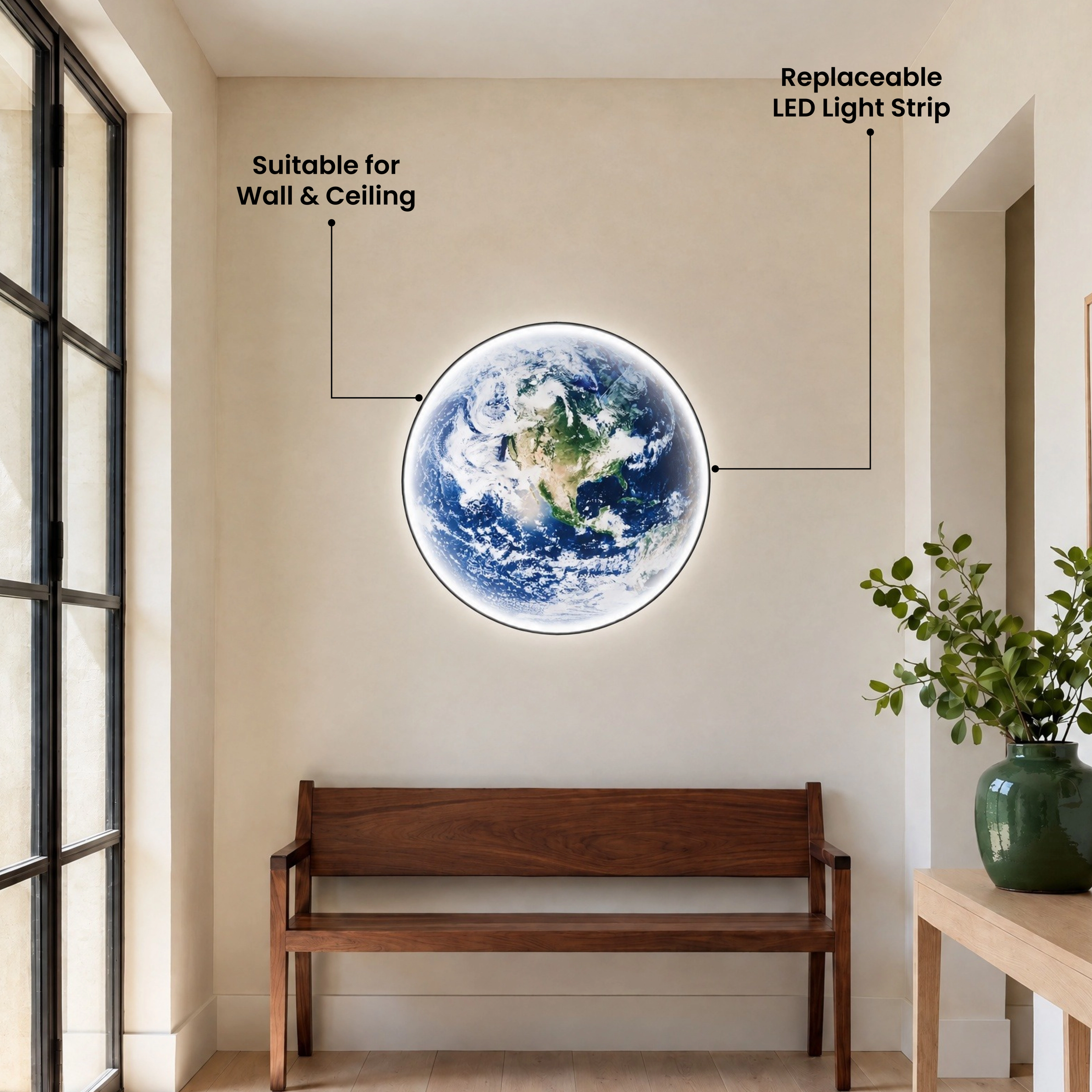 Terra Earth-globe light on a grey wall in a sitting room, with a five-star verified customer review
