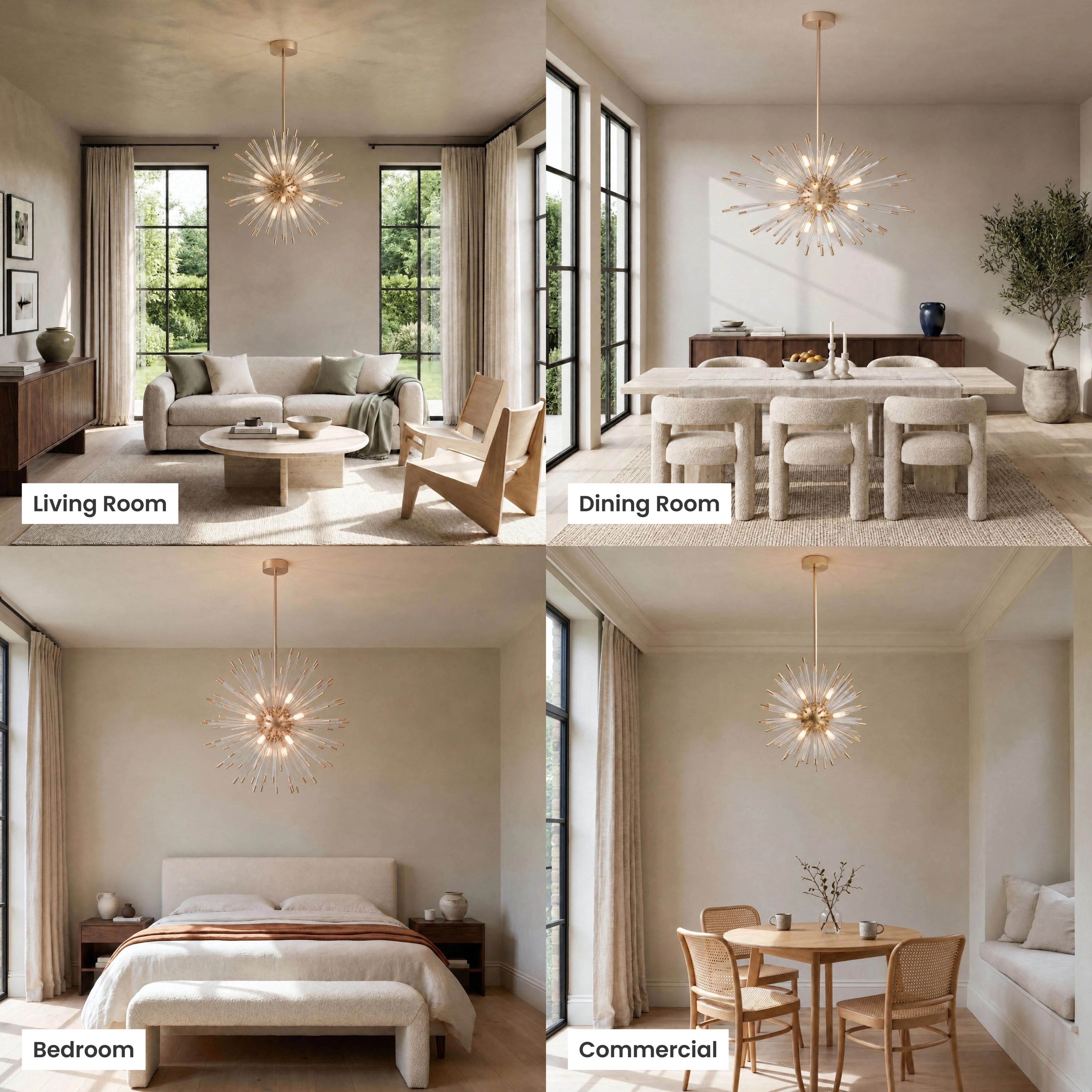 Pixie gold sputnik chandelier with glass-rod spokes shown in four settings: living, dining, bedroom, commercial