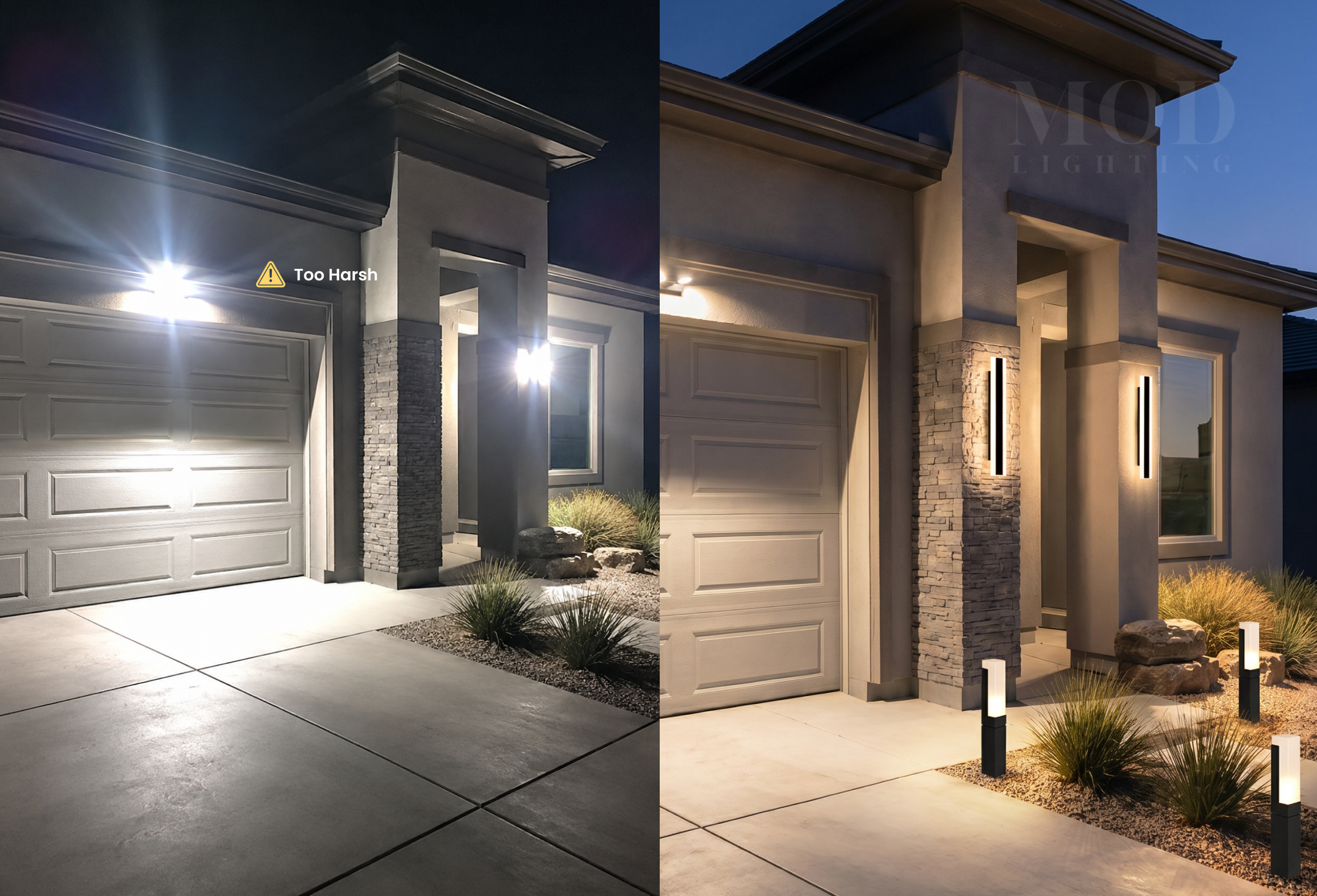Harsh outdoor floodlight versus warm layered exterior scheme compared