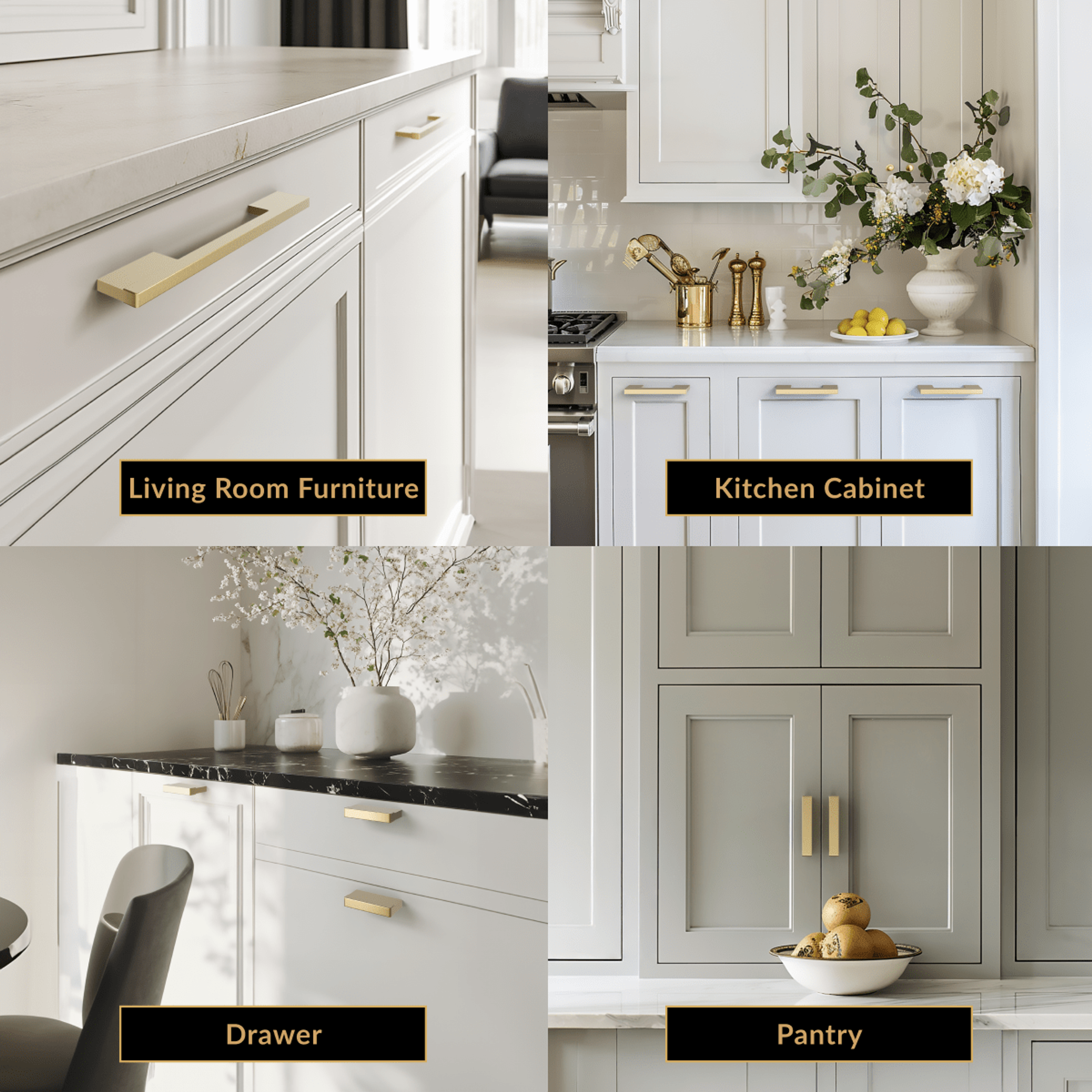 Maddison brushed-gold cabinet pull installed on white living room, kitchen, drawer and pantry cabinetry in four scenes