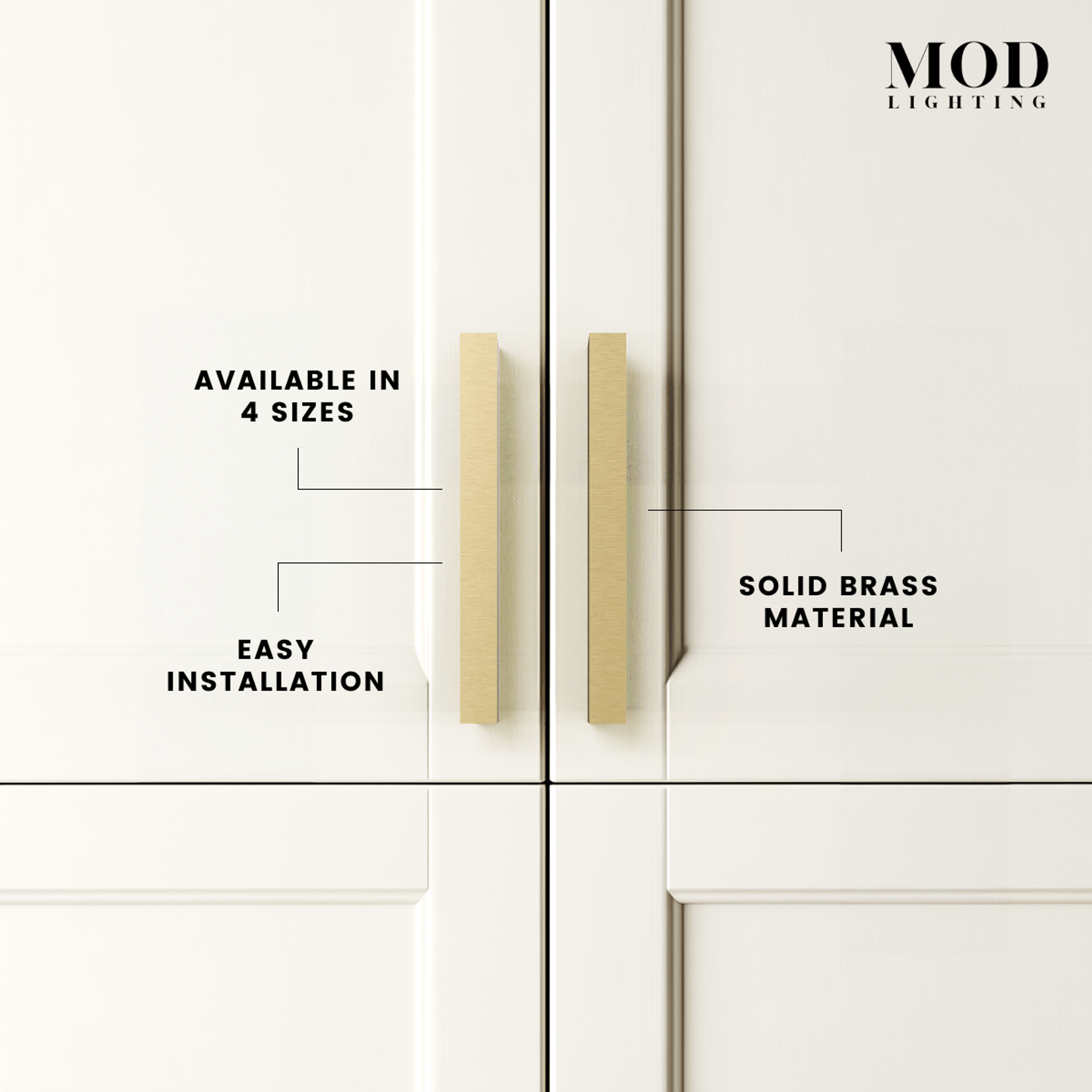 Innis brushed-gold cabinet pulls on white doors, labeled solid brass, available in 4 sizes, easy installation