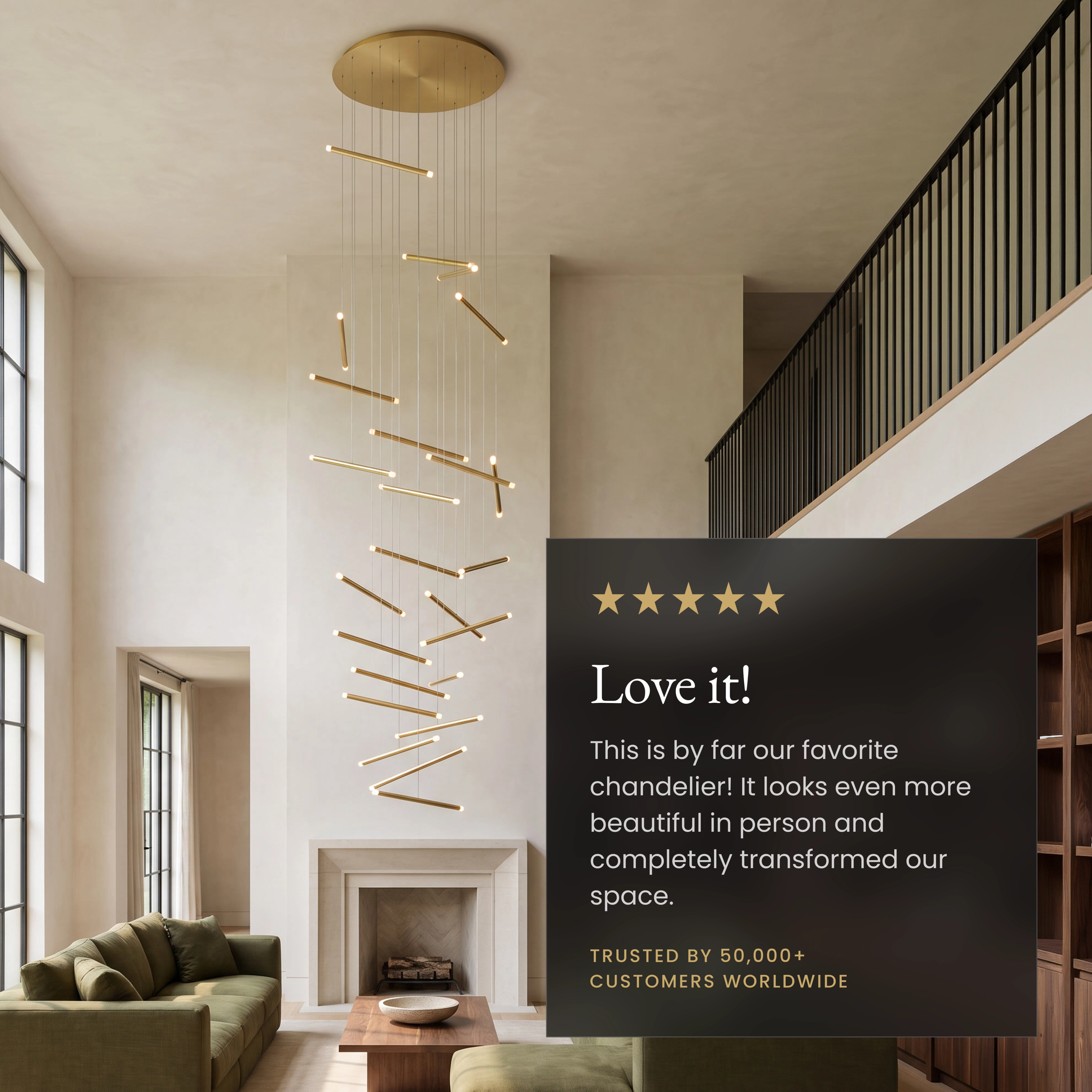 Freya gold linear-bar staircase chandelier with globe lights, labeled dimmer, adjustable wire, steel build