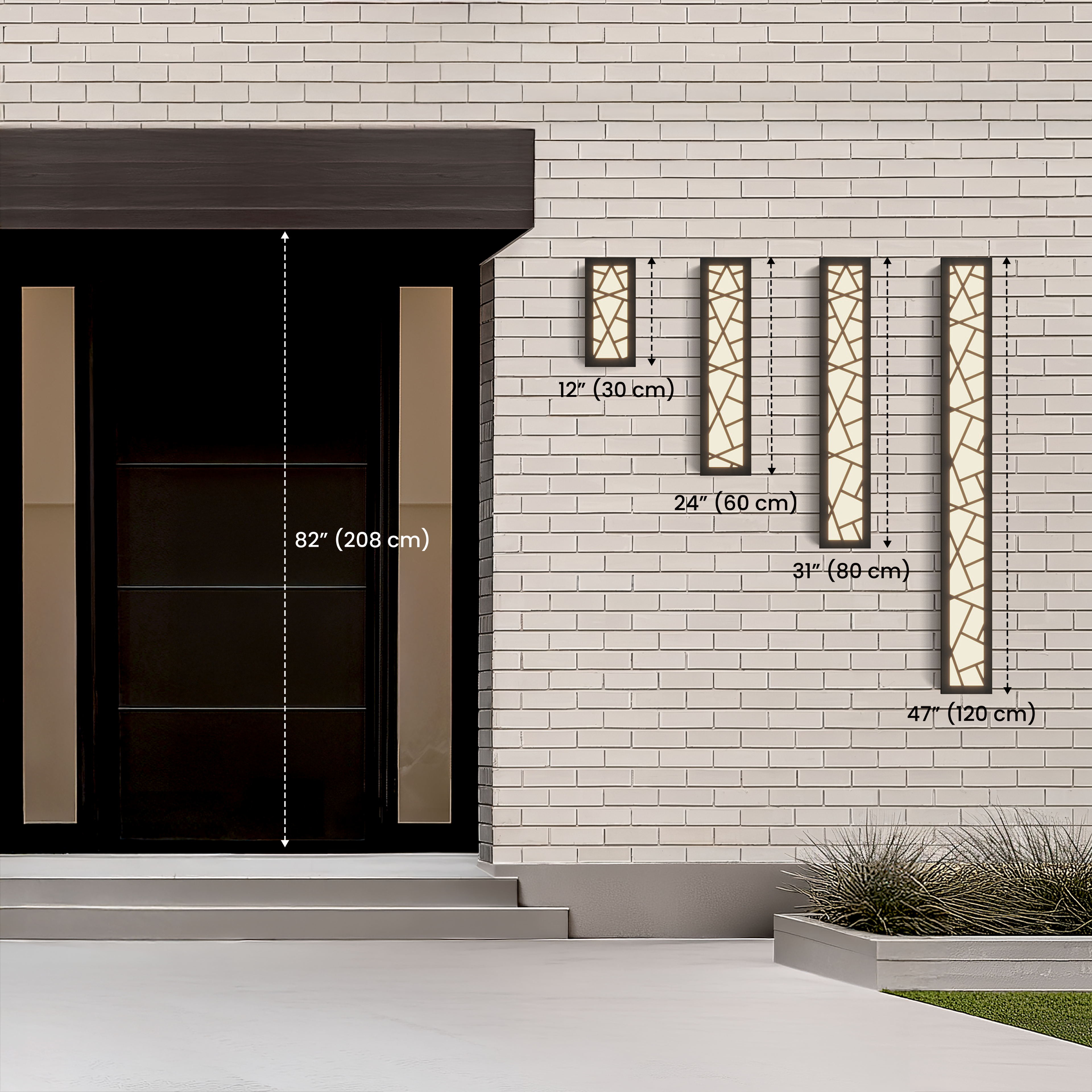 Harper Smart size guide: 12, 24, 31 and 47 inch lengths beside an 82 inch door for scale
