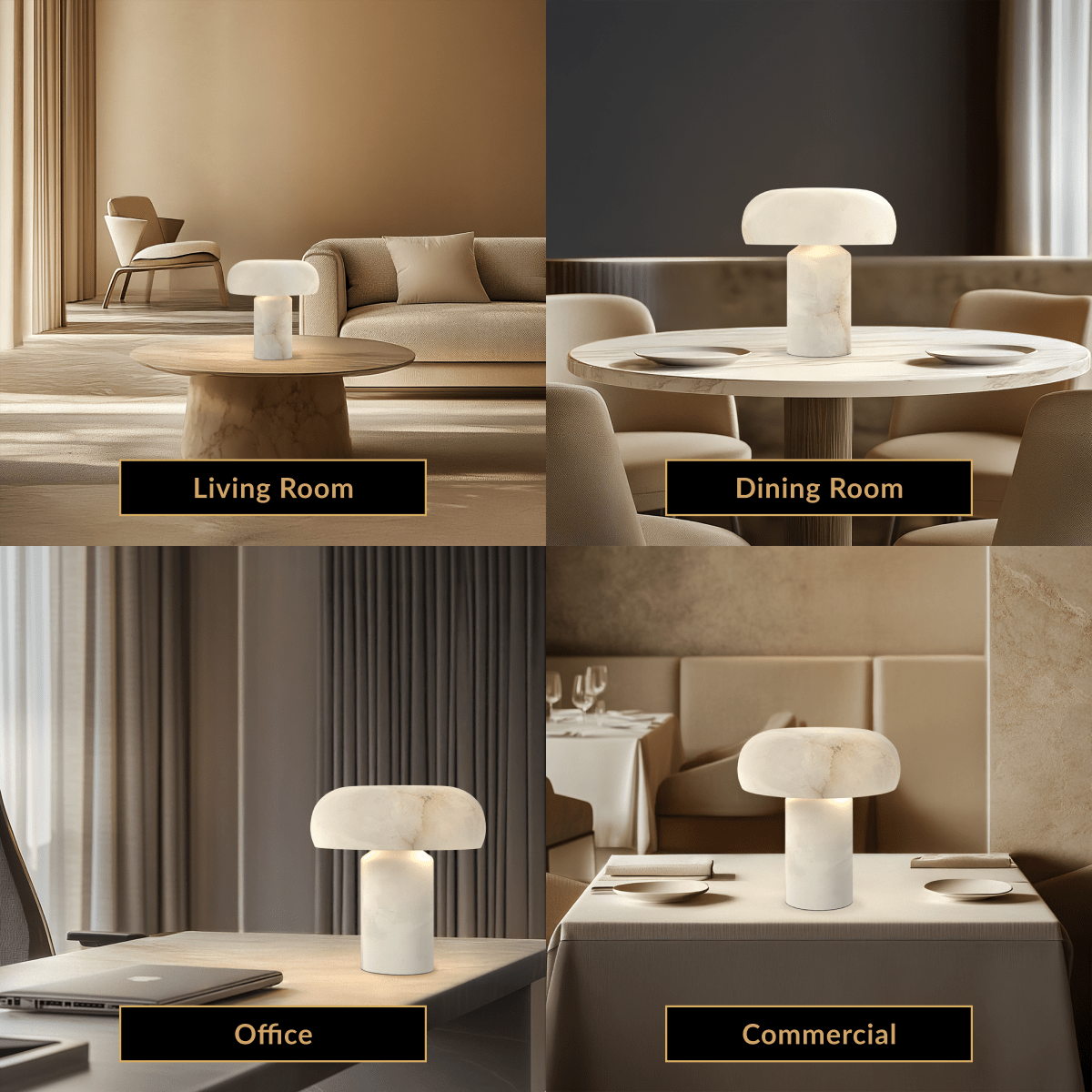 Ora Table Lamp, mushroom-form alabaster lamp, shown on a coffee table, dining console, desk and nightstand