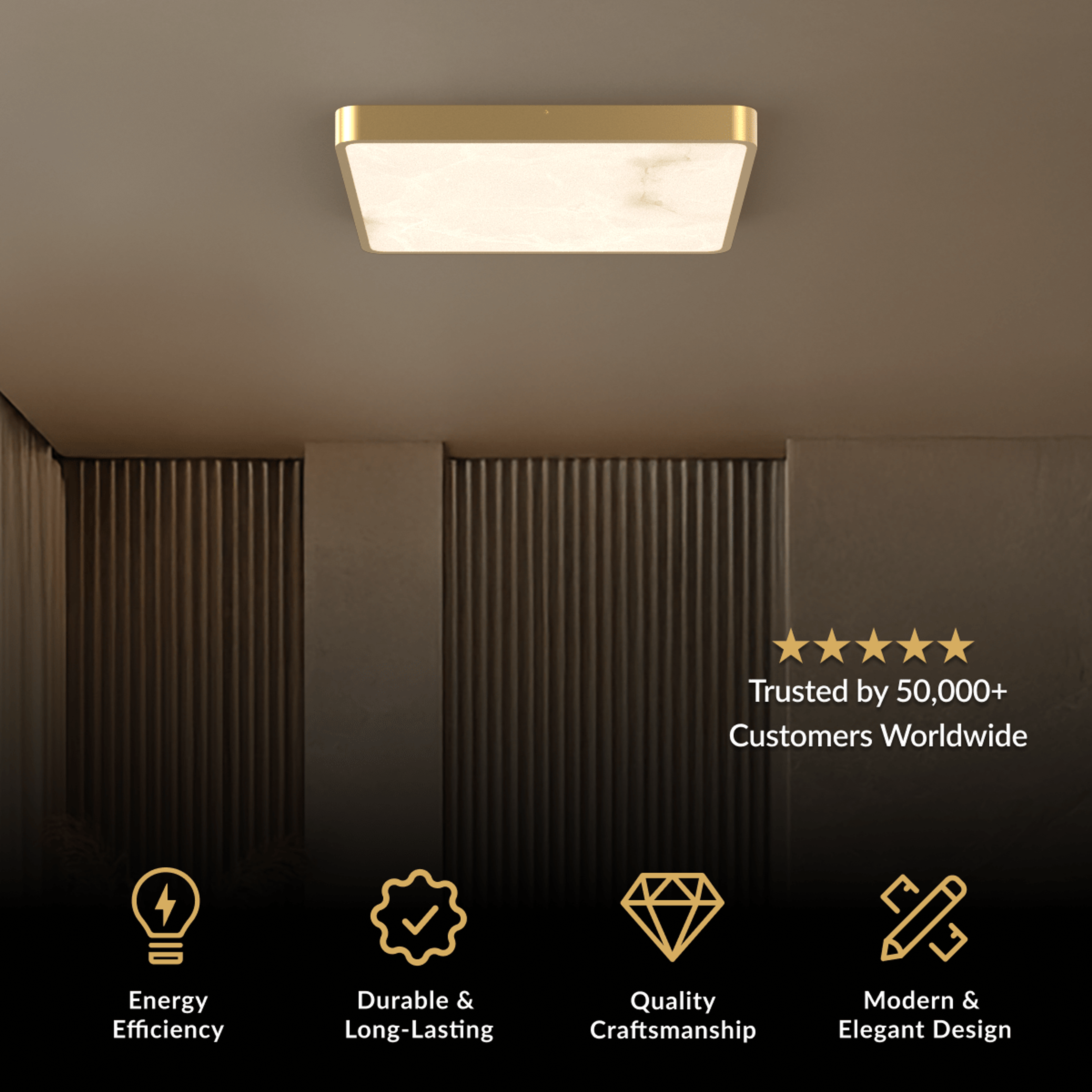 Selene ceiling light, square brushed gold flush mount with natural alabaster panel on a ceiling