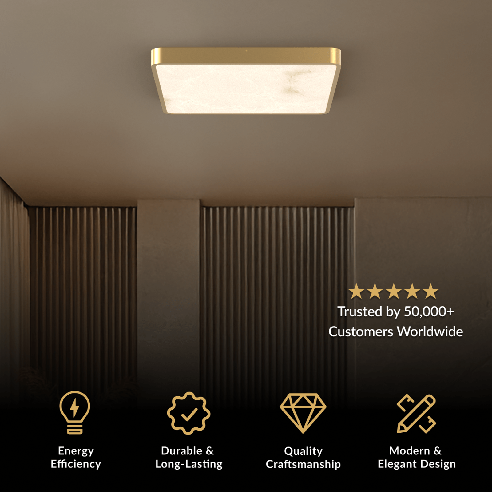 Selene ceiling light, square brushed gold flush mount with natural alabaster panel on a ceiling