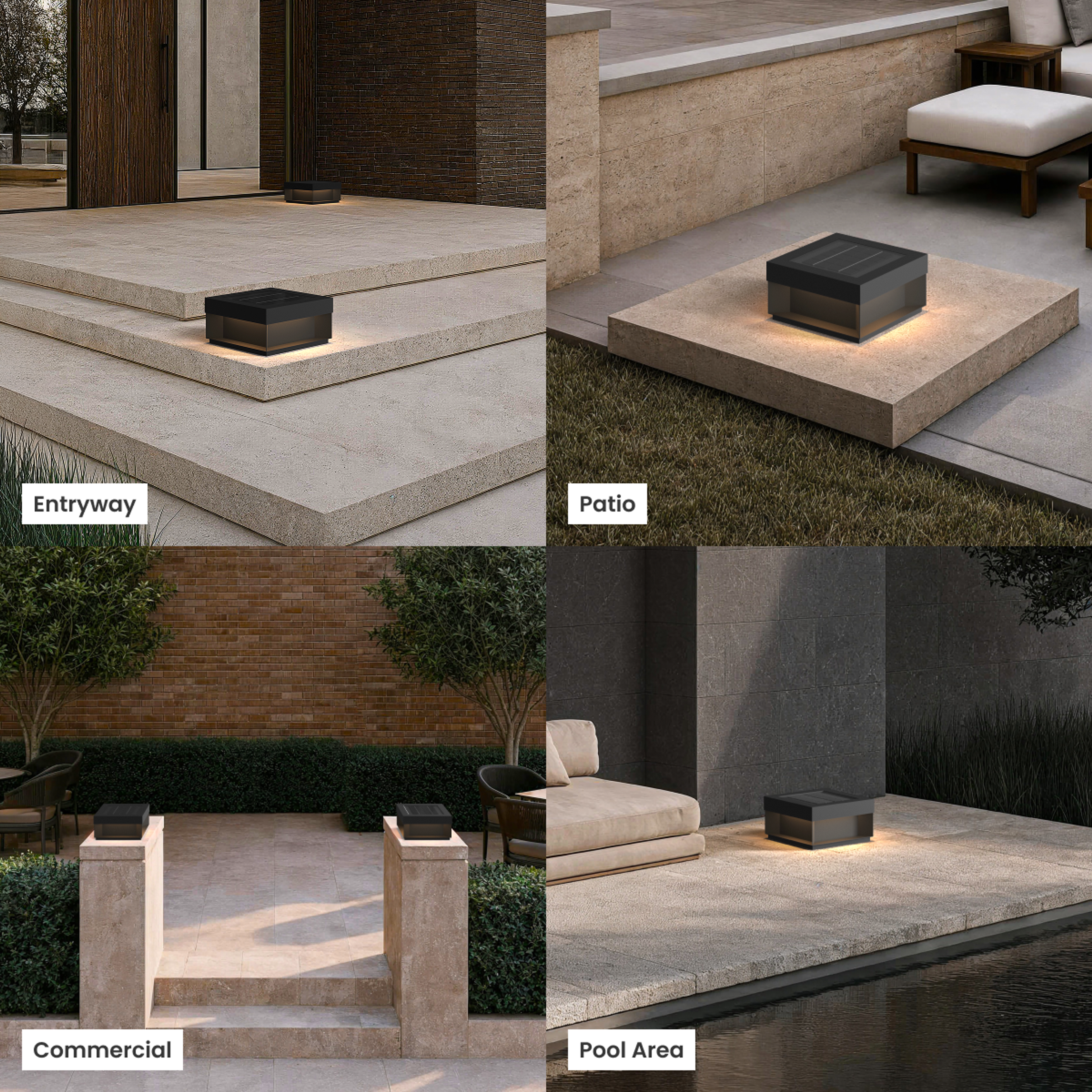 Chaz black solar bollard-cap outdoor lamp, low profile, shown in entryway, patio, commercial and poolside settings