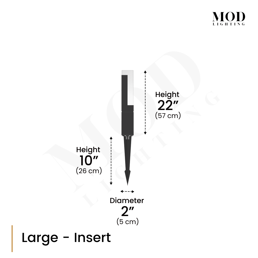 Meadow outdoor light diagram, large ground-stake insert: 22in fixture height, 2in diameter