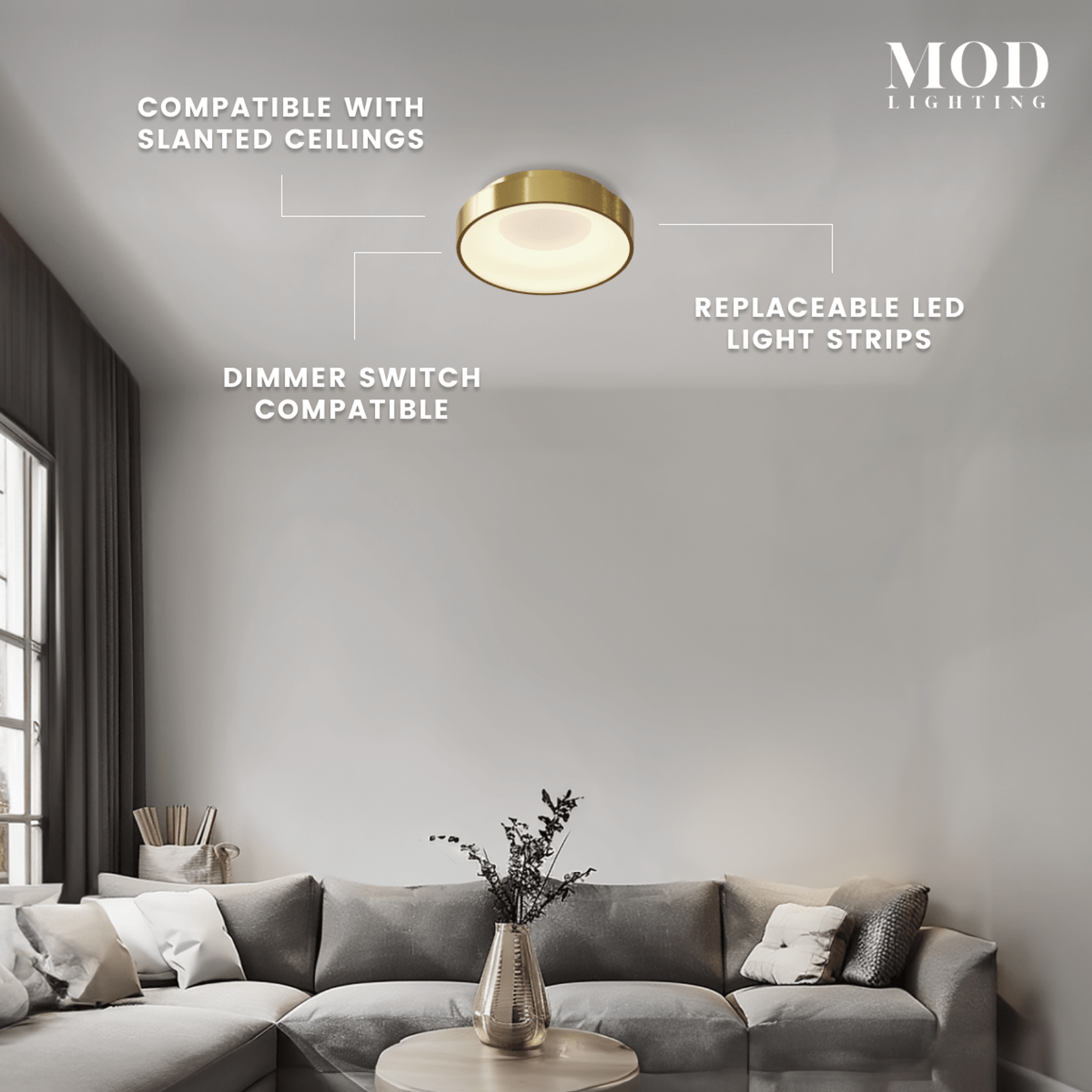 Bryce gold round flush-mount with callouts: slanted-ceiling compatible, replaceable LED strips, dimmable