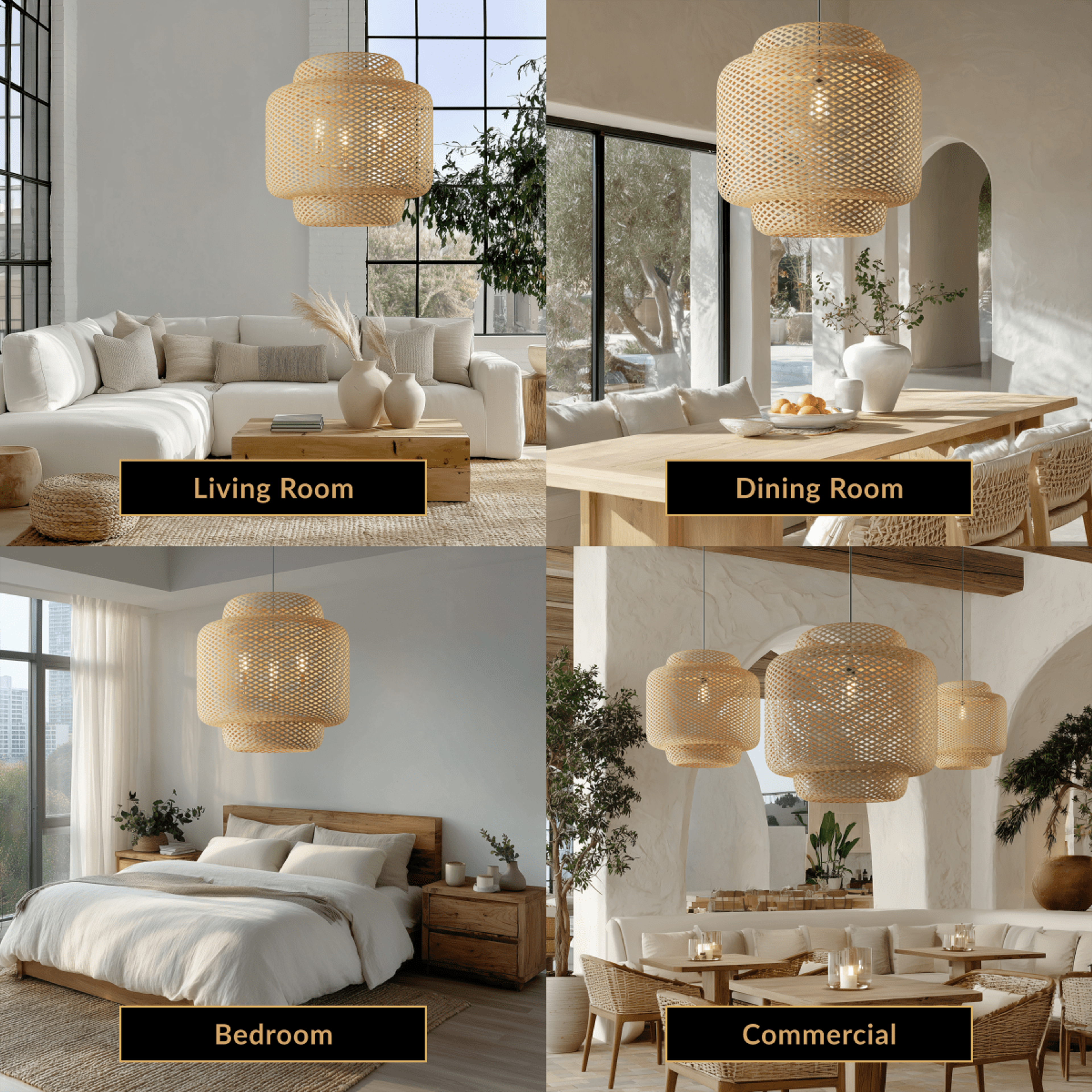 Elva woven bamboo lantern pendant, tiered barrel form, shown over a living room, dining table, bedroom and cafe