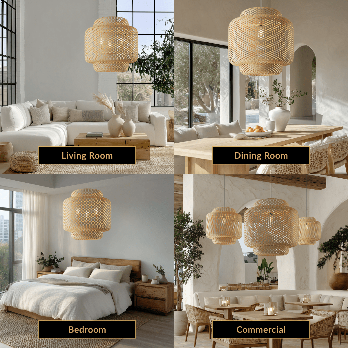 Elva woven bamboo lantern pendant, tiered barrel form, shown over a living room, dining table, bedroom and cafe