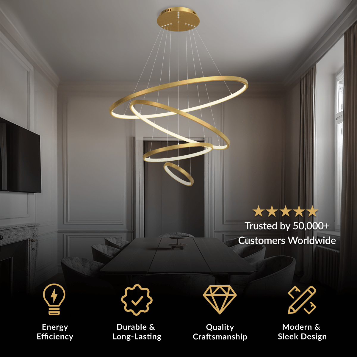 Janet gold cascading ring chandelier, three staggered lit halos, in a paneled living room