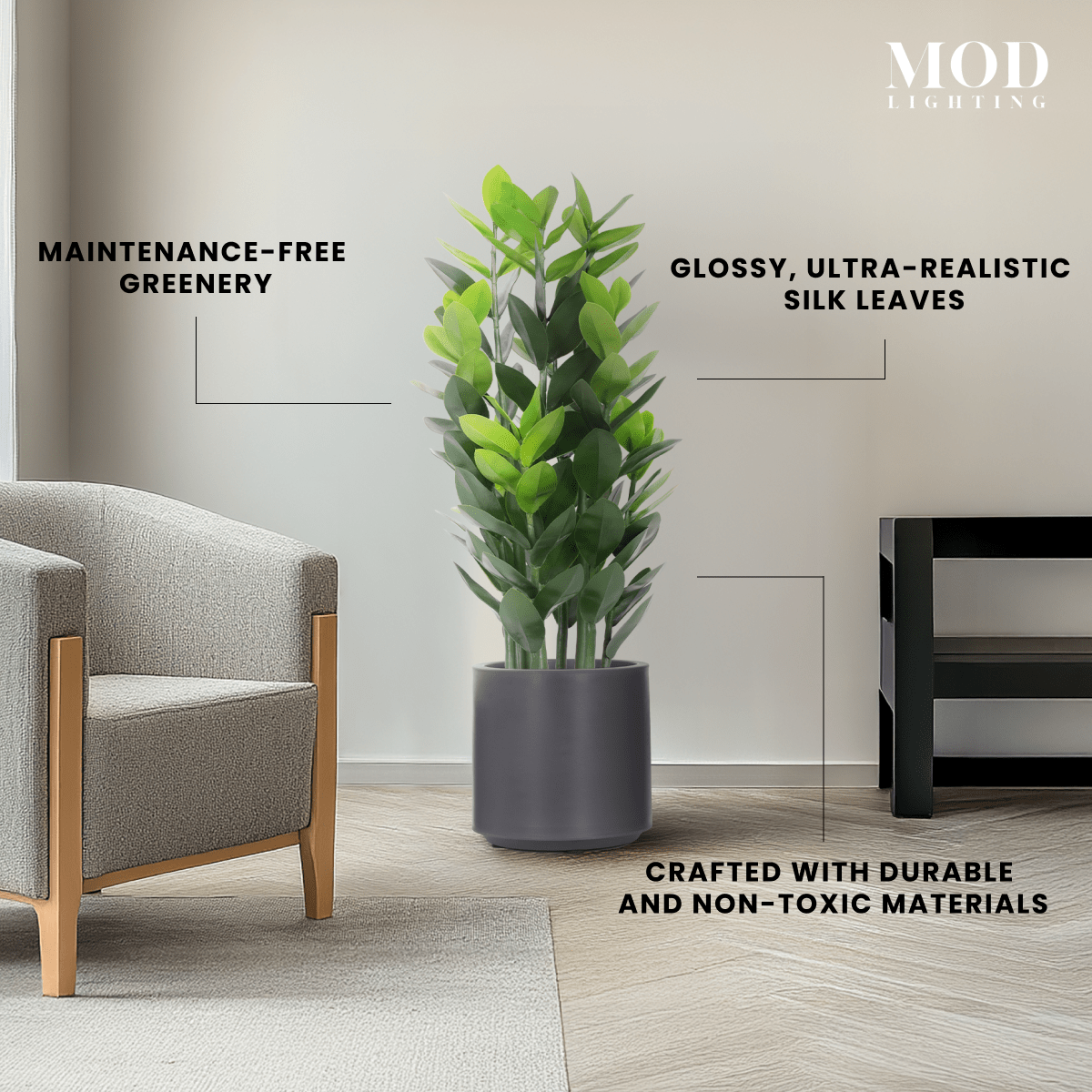 ZZ Plant in a grey pot beside a chair, labeled maintenance-free with glossy ultra-realistic silk leaves