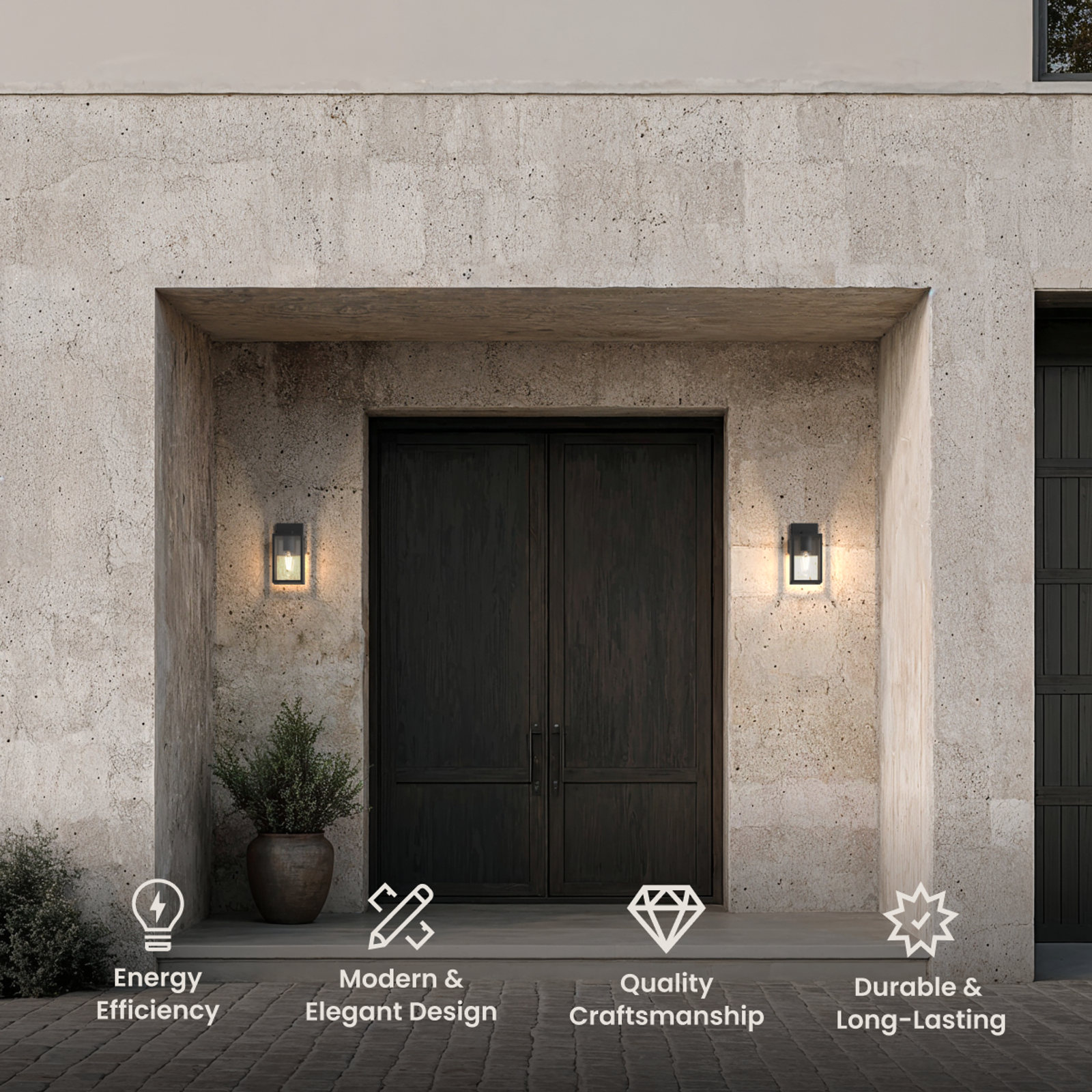 Rae outdoor sconces, slim black frames with clear glass panels flanking a dark wood entry door